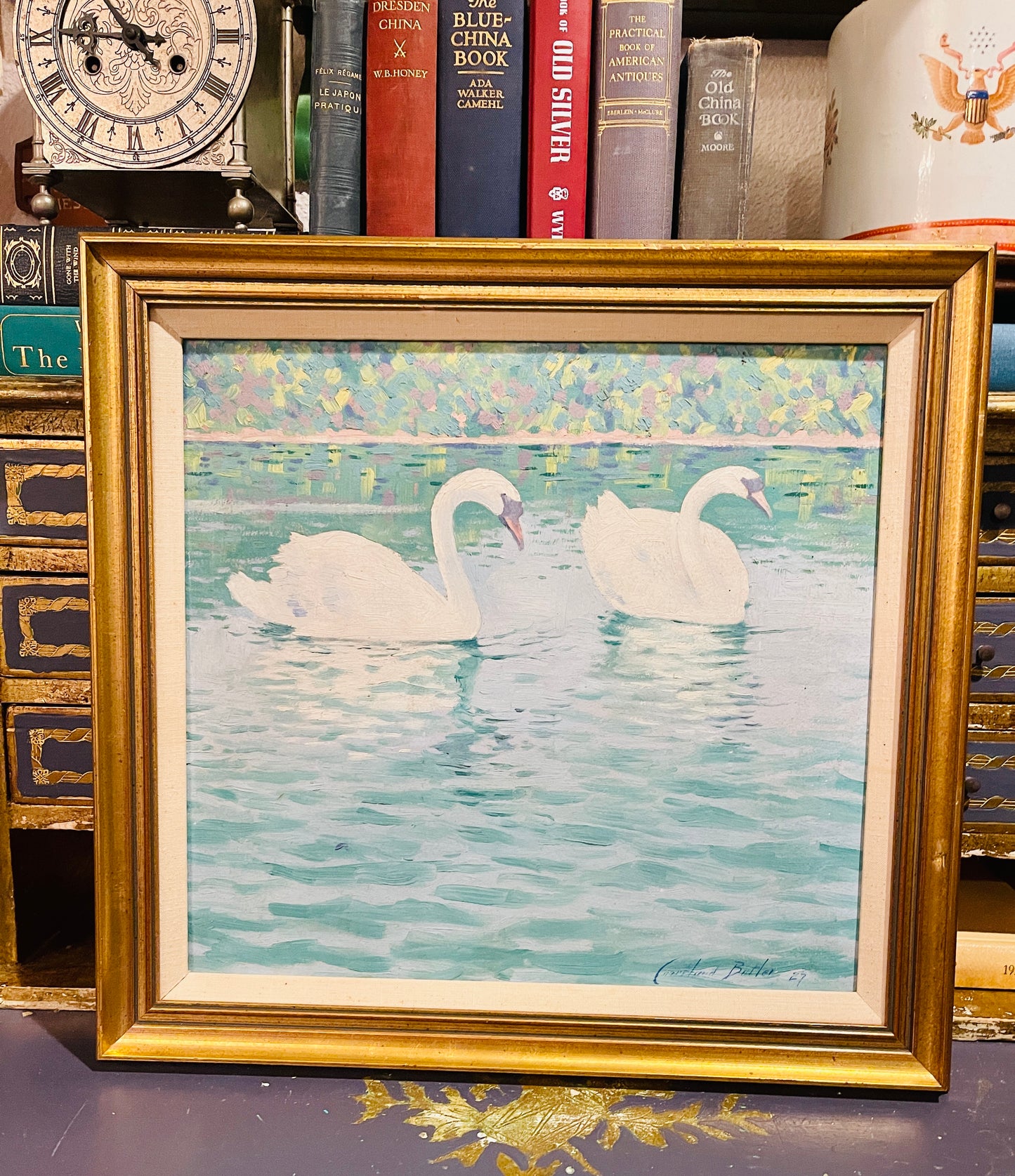 Vintage Swan Painting by Courtland Butler, artist Signed, Estate Art