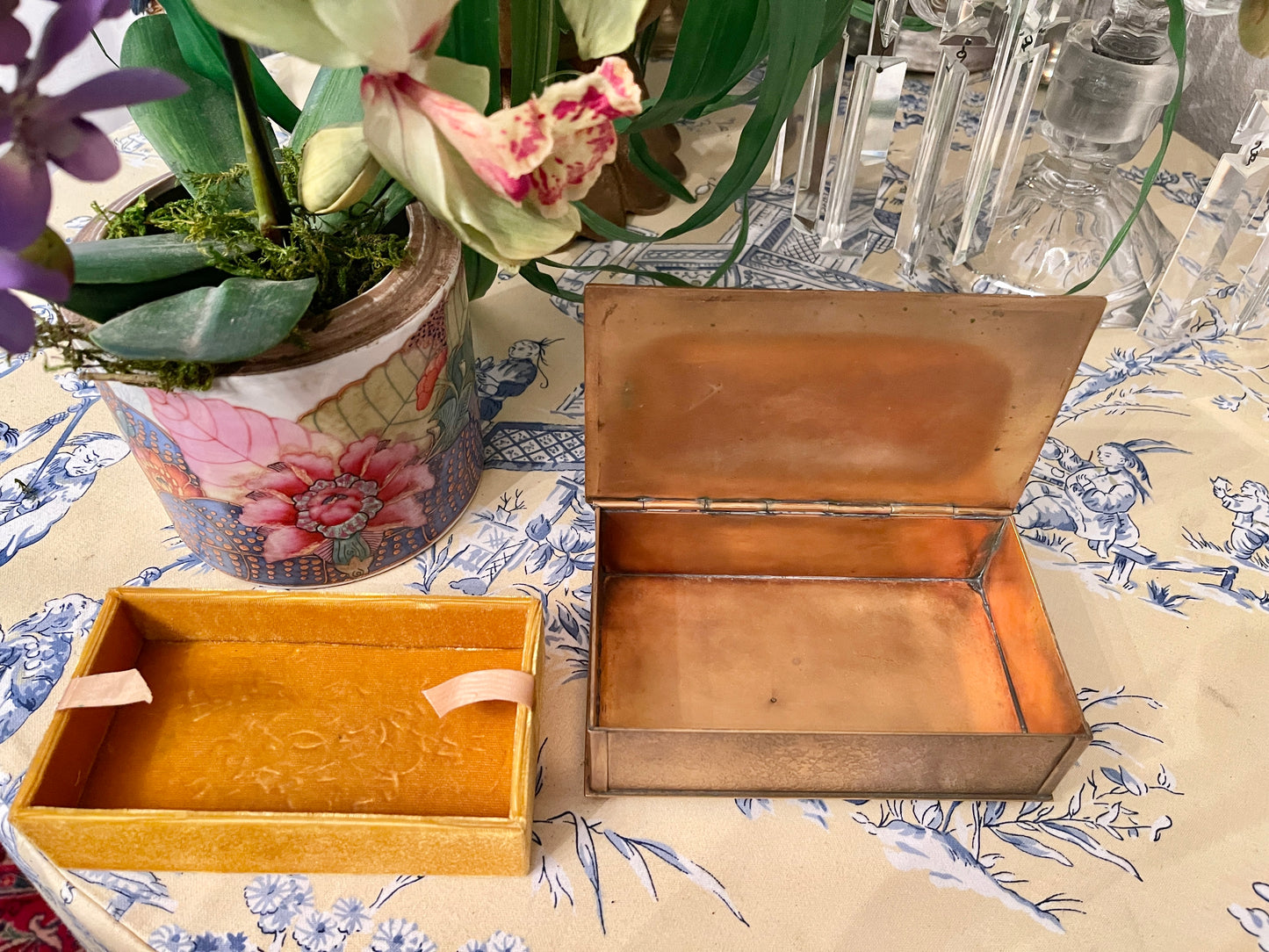 Antique Louis C Tiffany Furnaces Gold Dore’ Bronze Casket with Glass Inlay and Original Insert, Fantastic Estate Decor