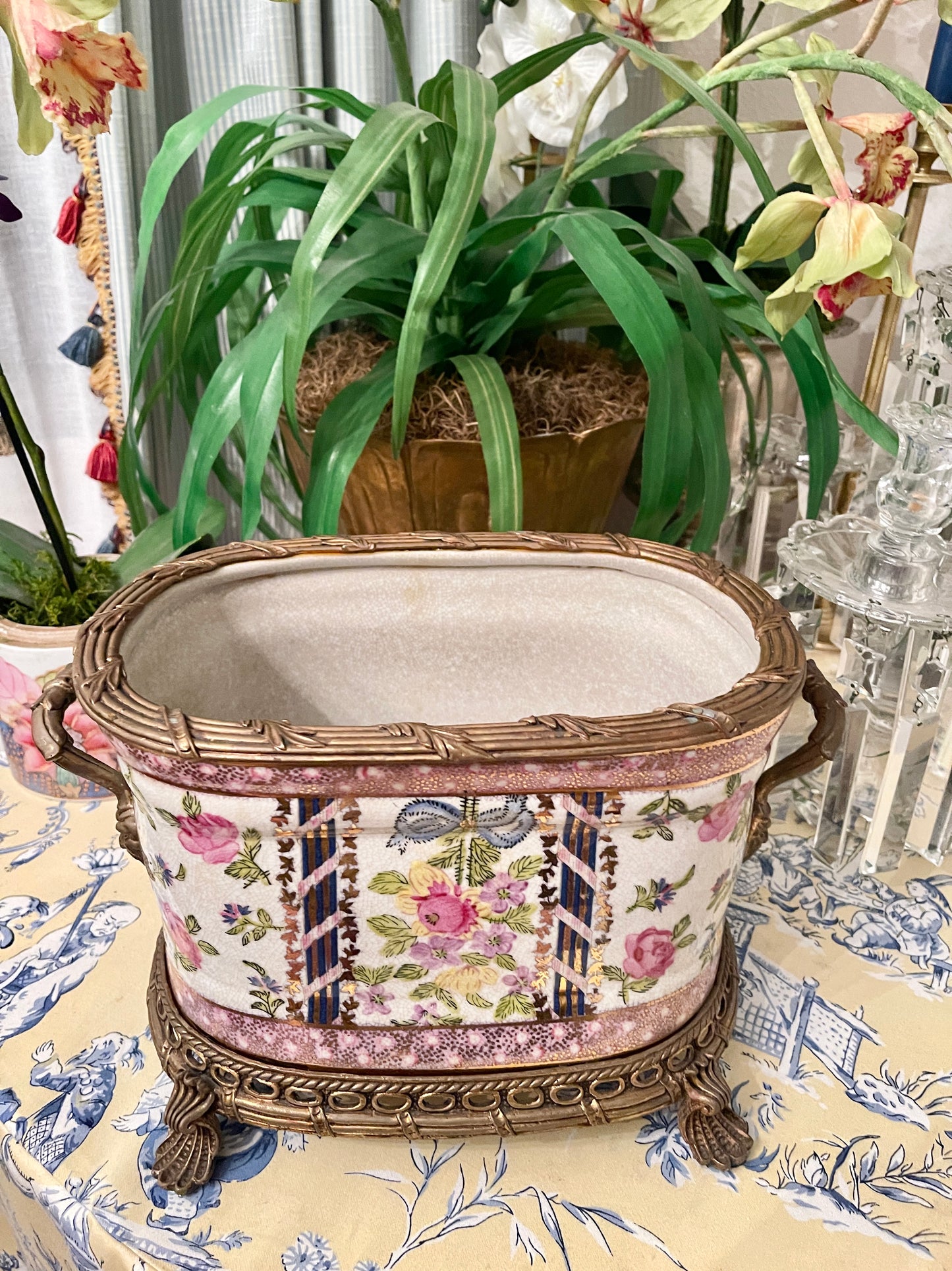 Vintage Floral Porcelain and Ormolu Shell Footed Planter, Blue Bow, Double Handled