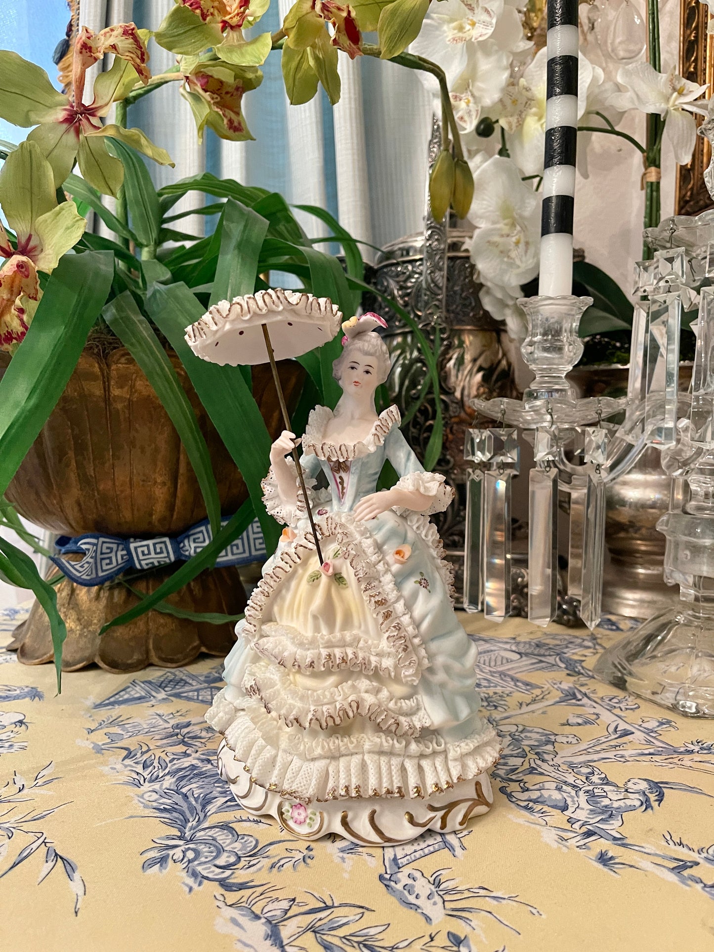 Victorian Statuette with Parasol, French Blue and White Dresden Style Lace Dress with Applied Porcelain Flowers
