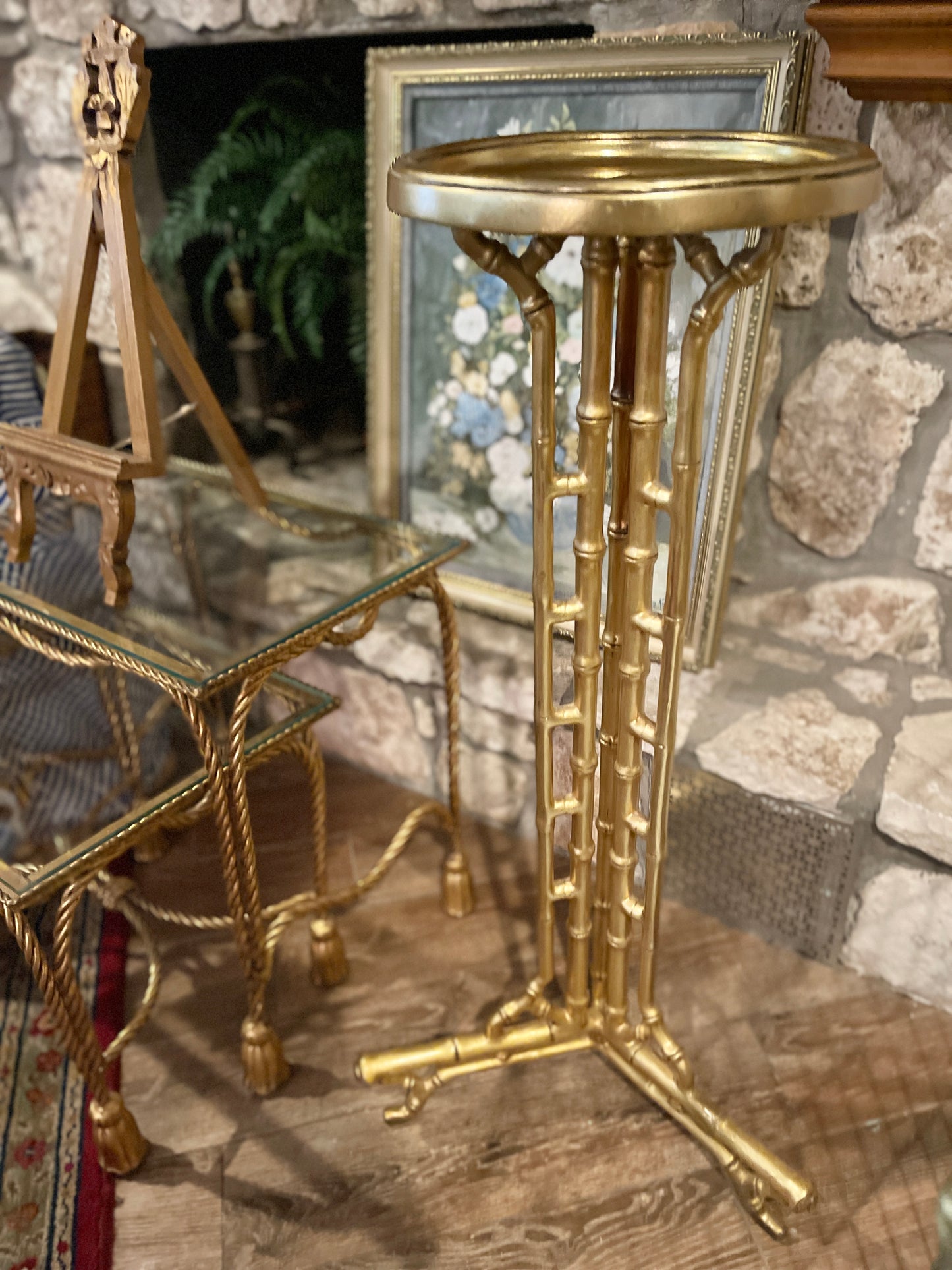 Estate Gold Tole Faux Bamboo Plant Stand, Pure Hollywood Regency Glam