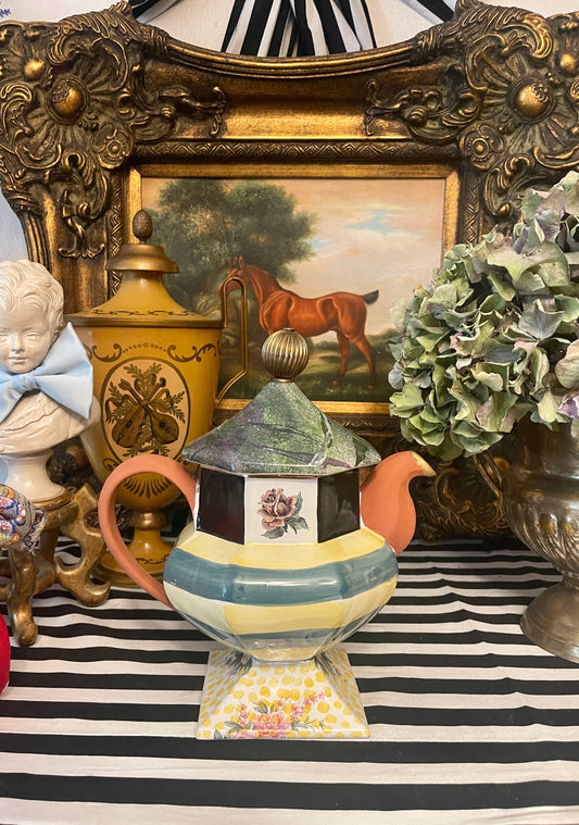Vintage Mackenzie Childs Torquay Palm Devon Clay ‘Frank and Mustard' Teapot, 1990's