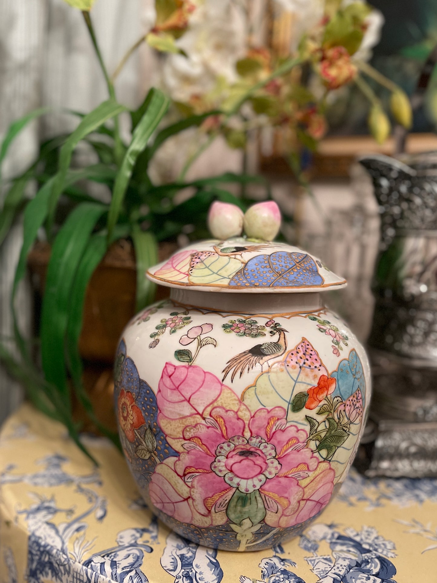 Large Tobacco Leaf Lidded Jar with Applied Fruit and Enamel Foliage