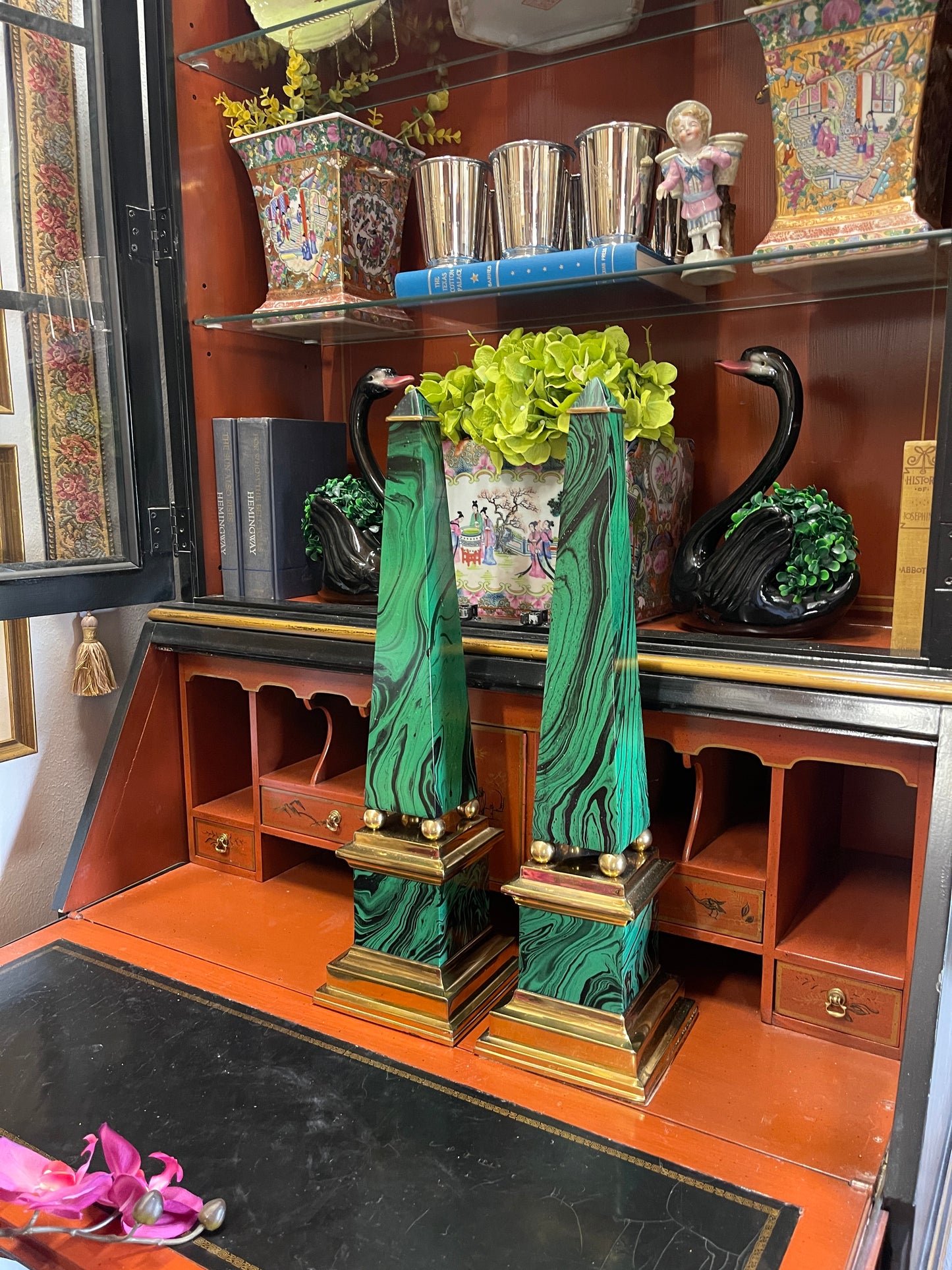 Vintage Faux Malachite and Brass Obelisks Pair