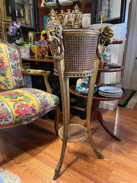 19th Century French Neoclassical Giltwood Jardinière Stand with Ram’s Heads and Cane Work