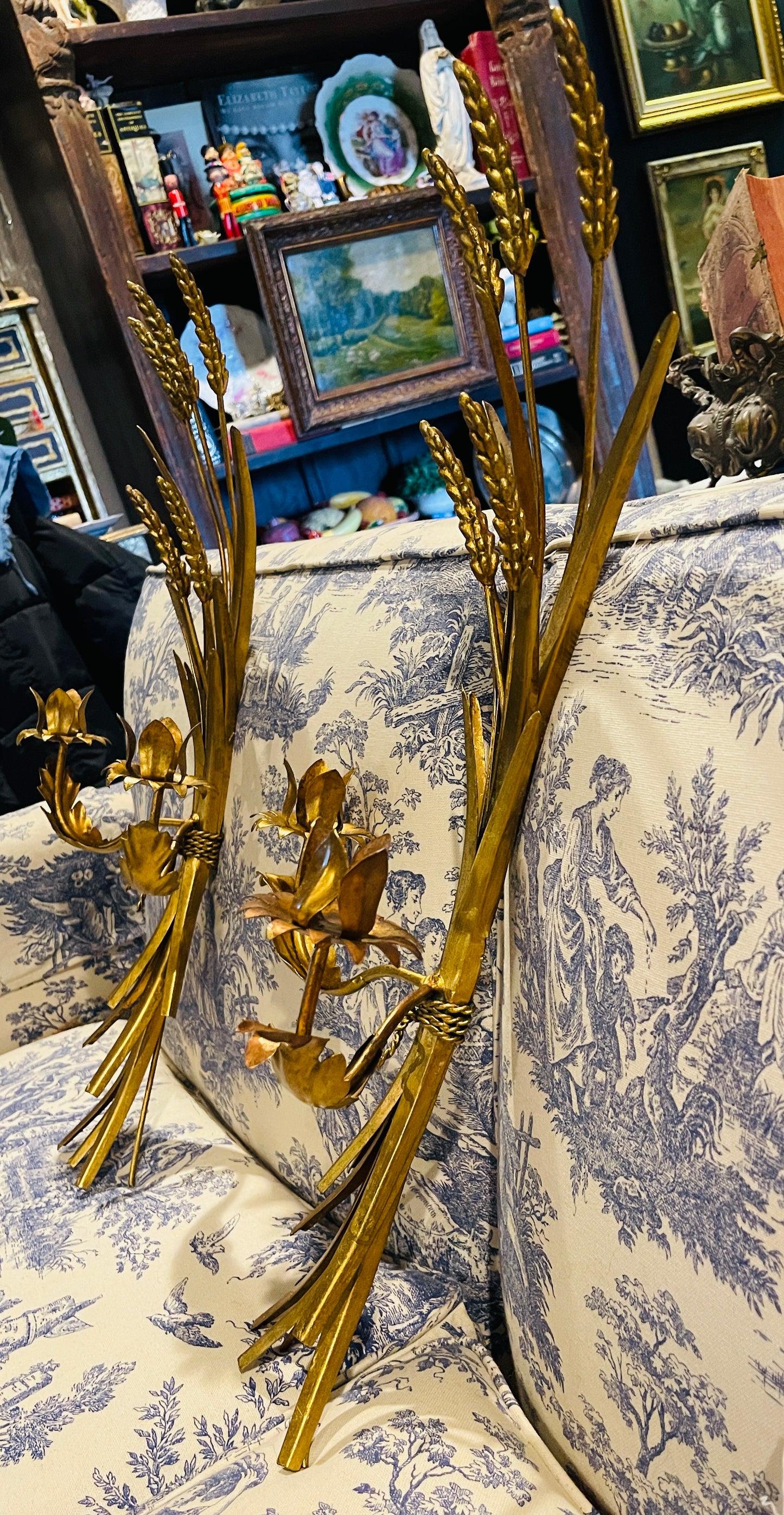 Vintage Italian Gilt Tole Wheat Sheaf Wall Sconces, Pair- Round Top Find