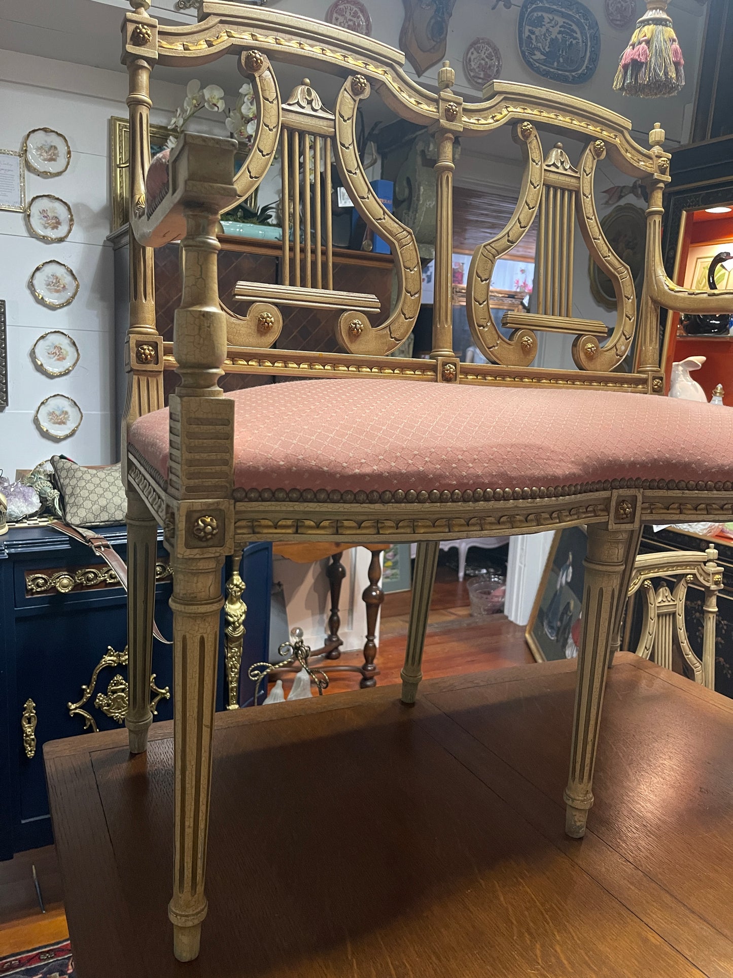 Antique Neoclassical Lyre Back Settee – Gilt Detailing & Blush Upholstery