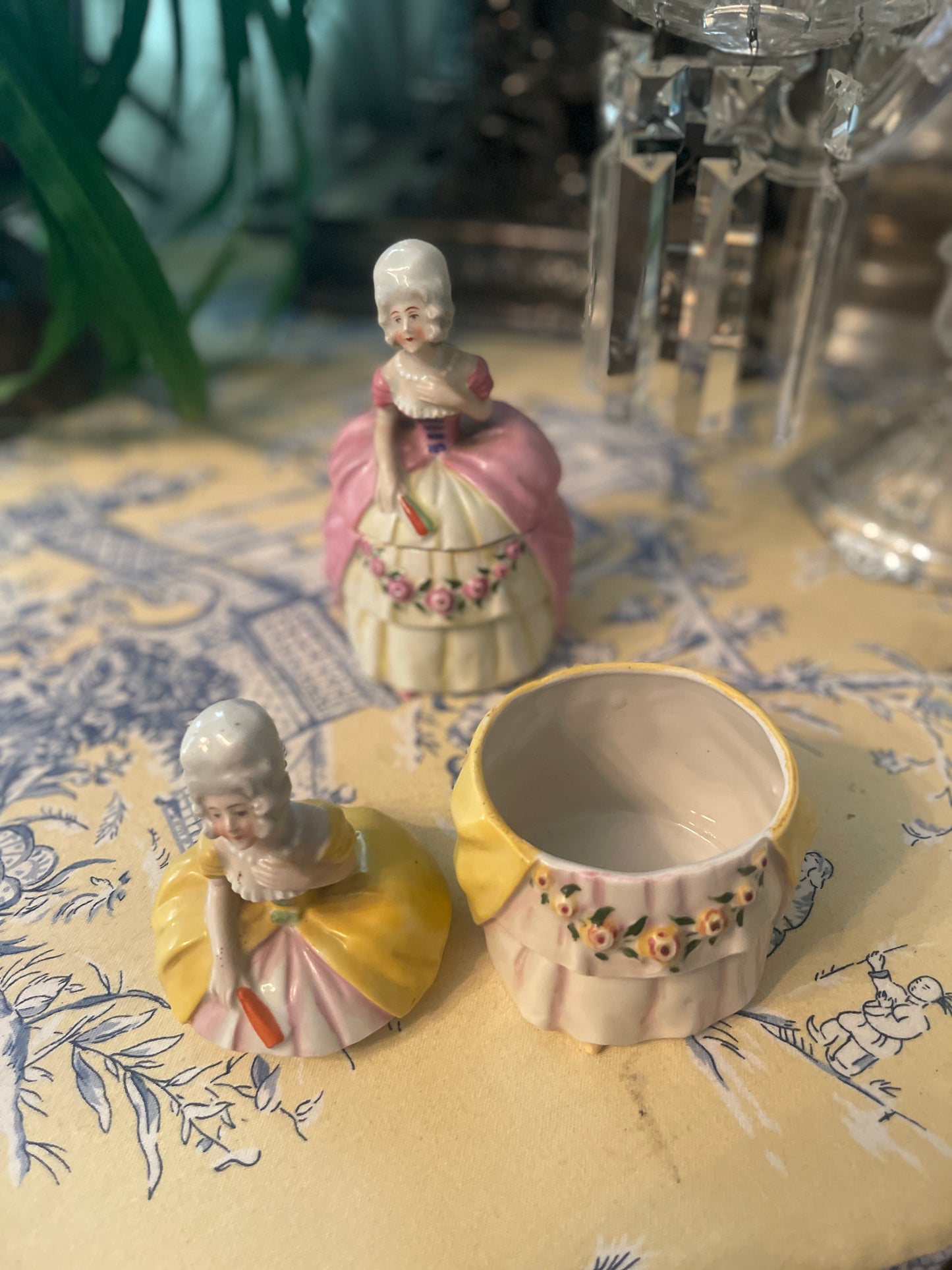 Antique German Porcelain Half-Doll Powder Box – Rococo Lady in Yellow Gown inspired by Marie Antoinette- Monte Vista Estate Drop