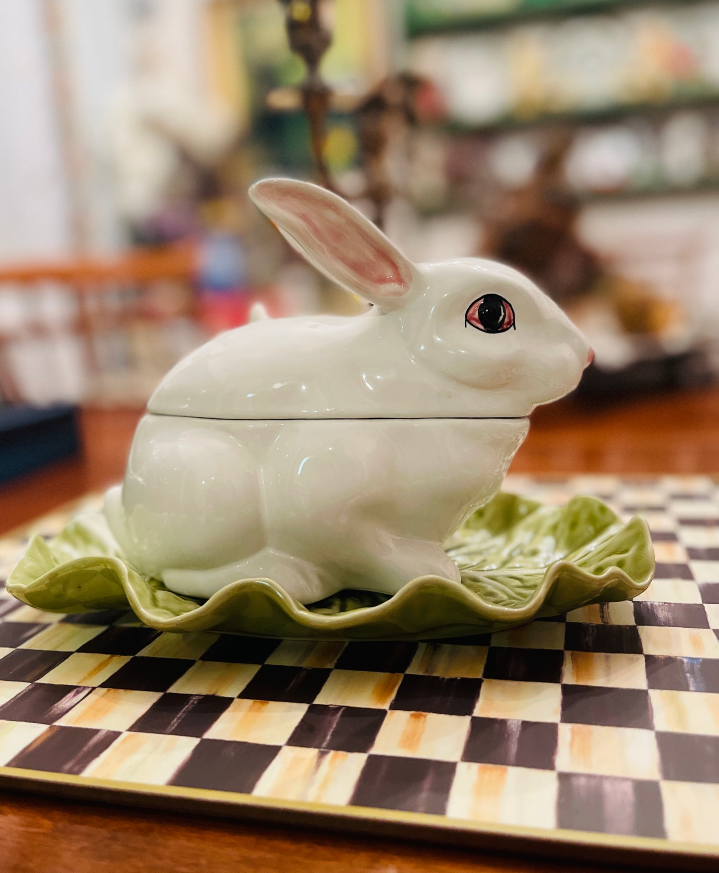 Vintage Bordallo Pinheiro Rabbit Saucier Dish on Cabbage Leaf Under Plate with Ladle