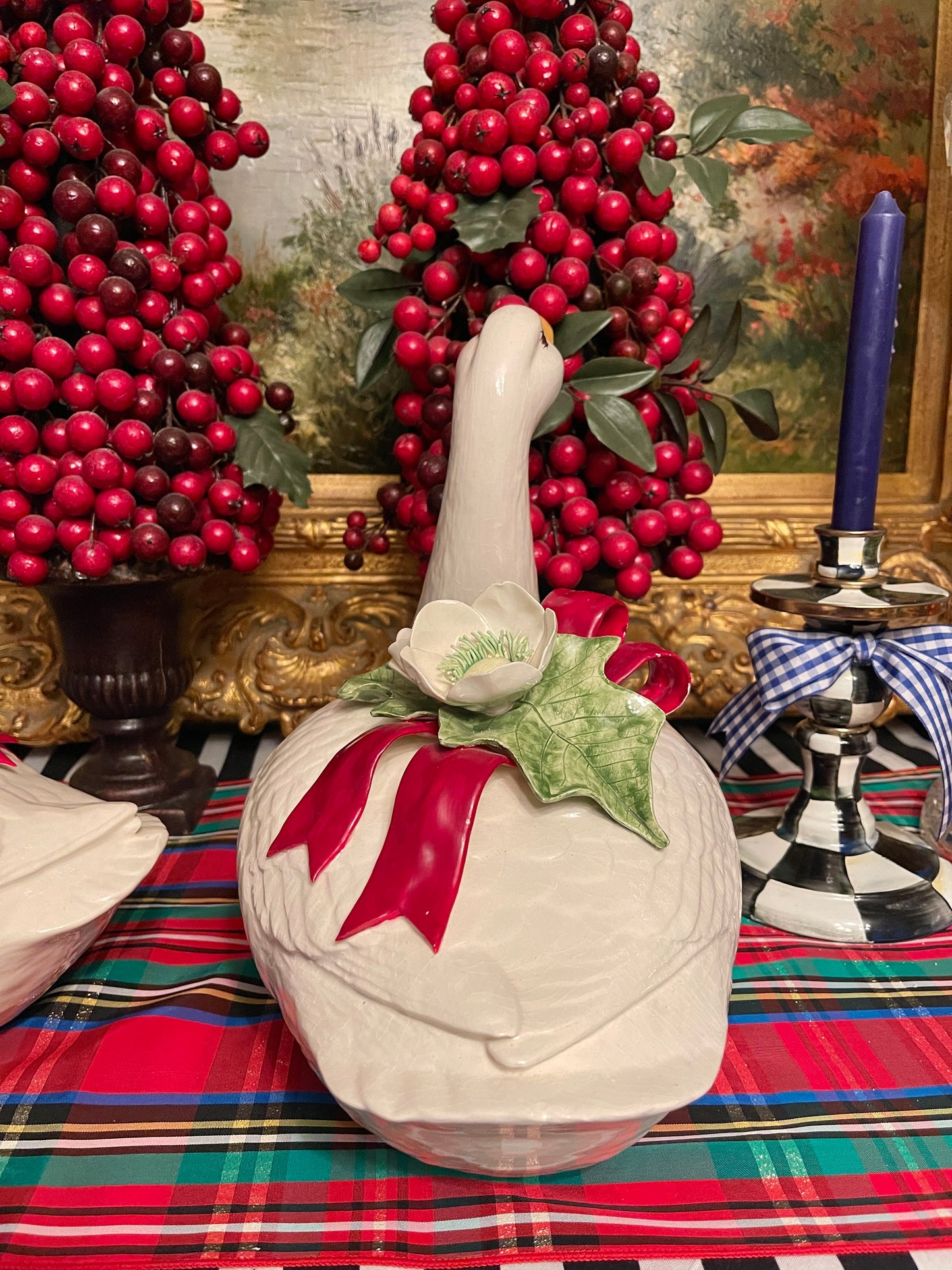 Vintage Christmas Geese with White Flowers and Red Bows, Hand Painted