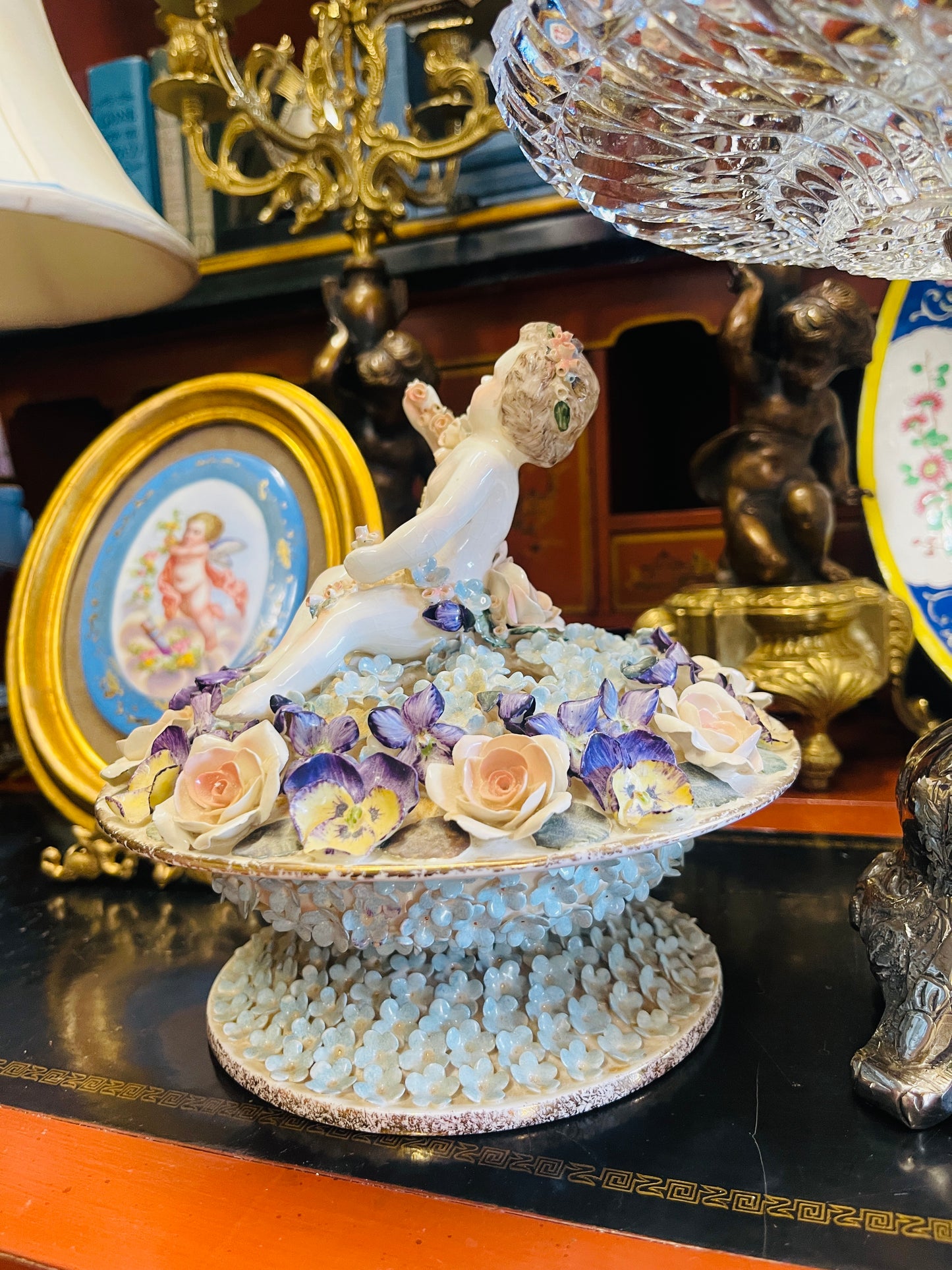 Vintage Hobe Dresden Porcelain Flower Frog with Cherub & Hand-Applied Florals, Imported by Neiman Marcus, ca. 1950s