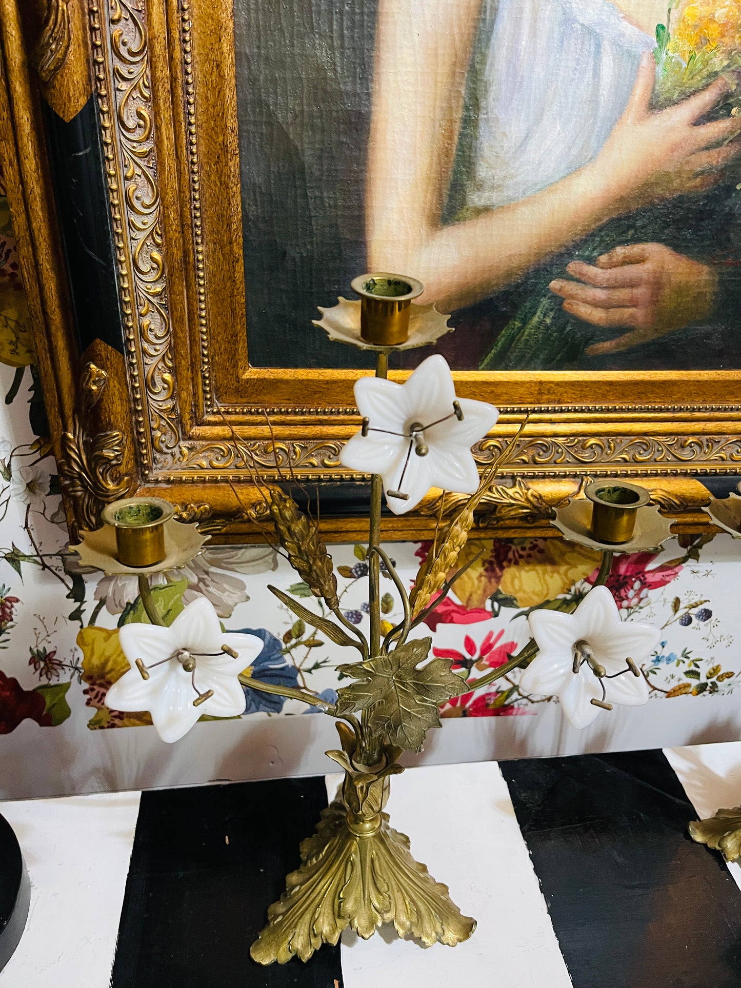 Pair of Antique French Brass Altar Candelabras with Milk Glass Lilies & Wheat Sheaves – Ecclesiastical Candle Holders