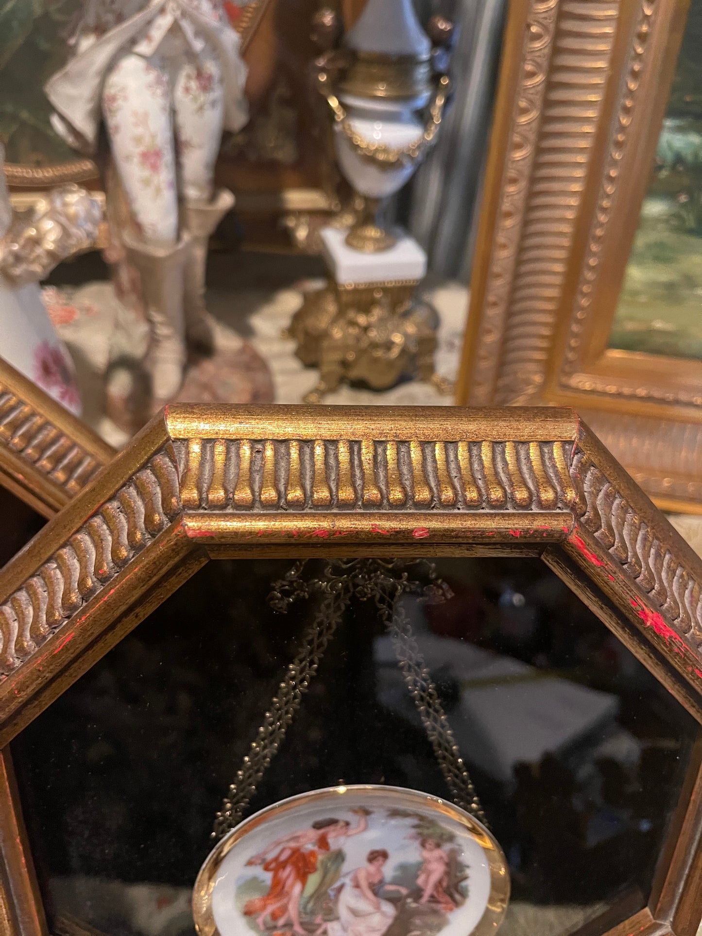 Framed French Victorian Plates with Filigree Tole Bows, Pair, Vintage