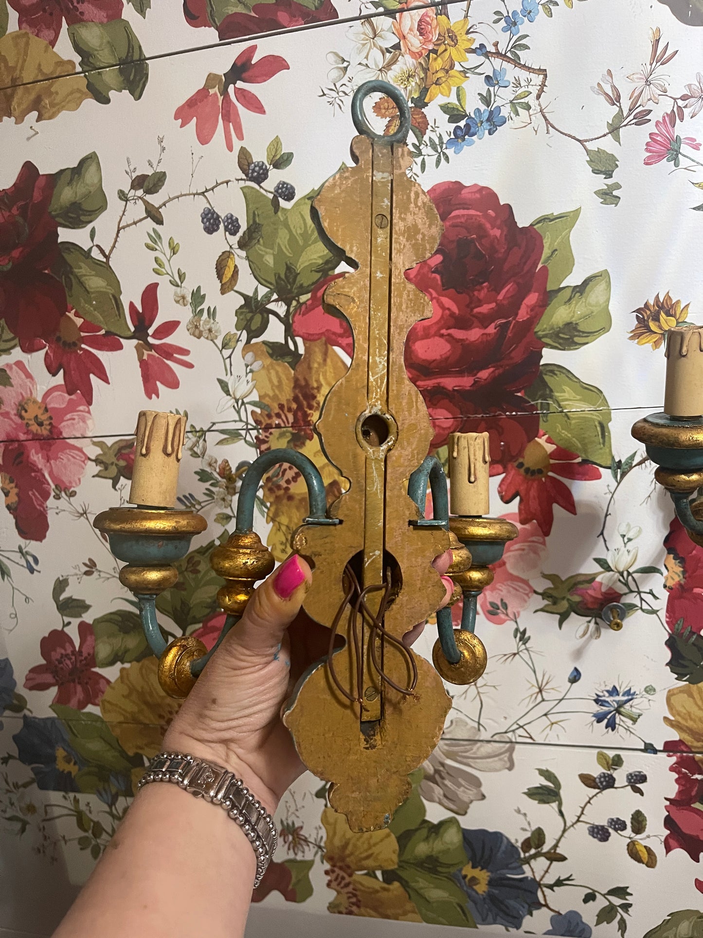 Italian Sconces, Hand Painted with Gilt Accents, Wired, Early 20th Century