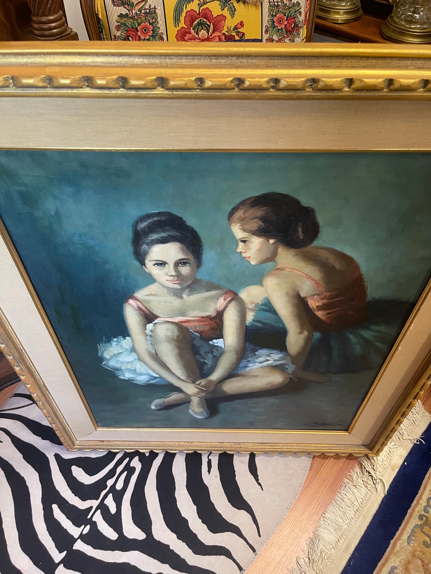 Young Dancers Sitting, Oil Painting on Canvas, Signed Ventage, Ballerina Art, Solid Wood Frame