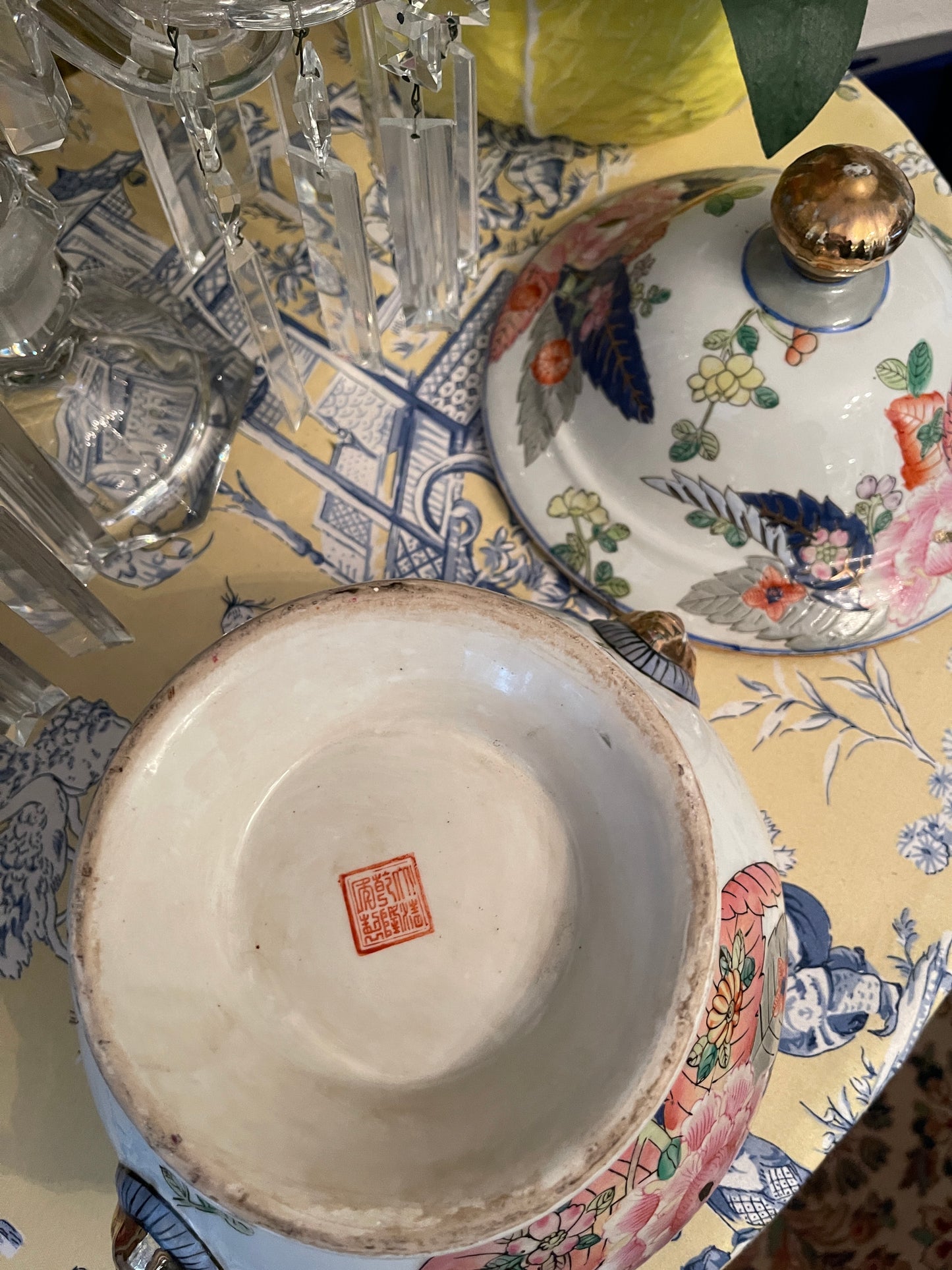 Vintage Tobacco Leaf Lidded Tureen, Gilt Lion Head Accents
