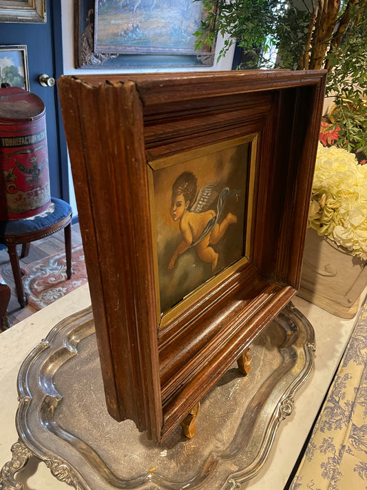 Antique Cherub Oil Painting, Late 19th–Early 20th Century | Old-World Putti Art in Deep Wood Frame