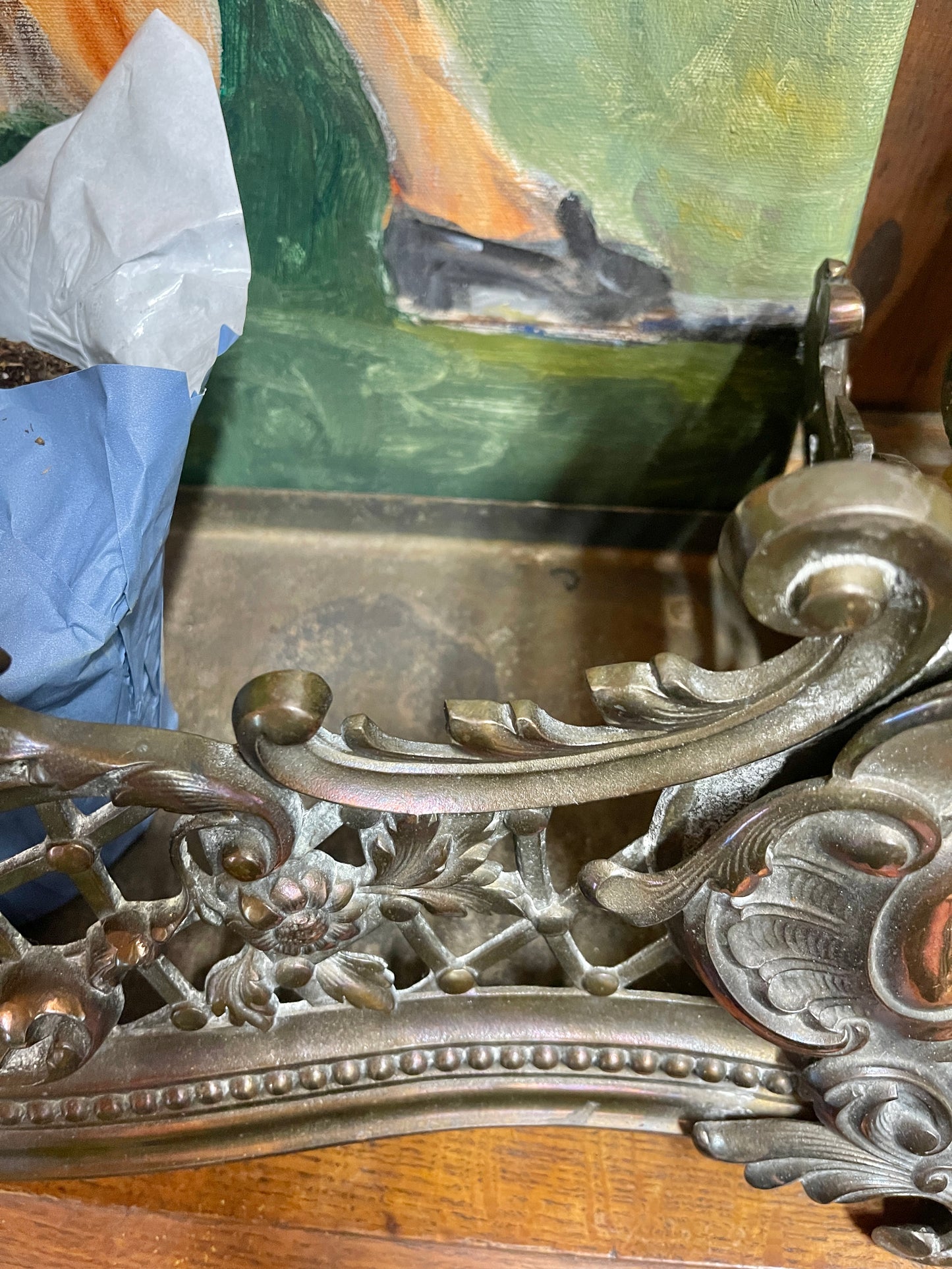 Antique French Louis XV-Style Cast Fireplace Fender with Figural Face Mascaron, Estate Sourced, Rococo Scrollwork
