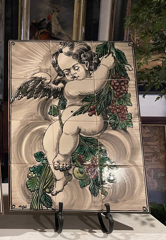 Vintage Italian Winged Putti Tile Murals, Artist Signed, 12-Tile Architectural Wall Panels, PAIR