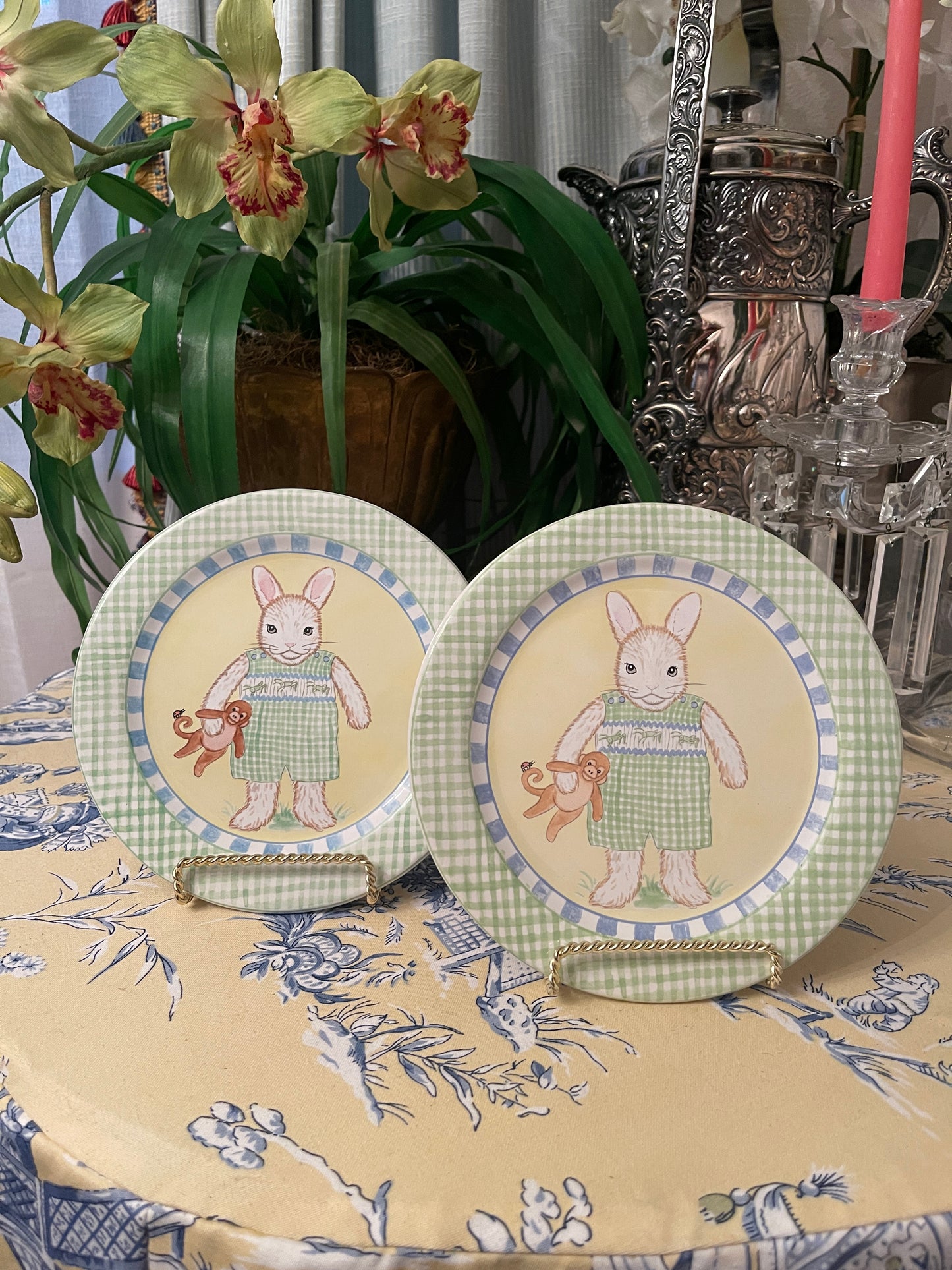 Precious Kelly B Rightsell Bunny in Smocked Romper Plate - Green, Blue and White- Made in Portugal