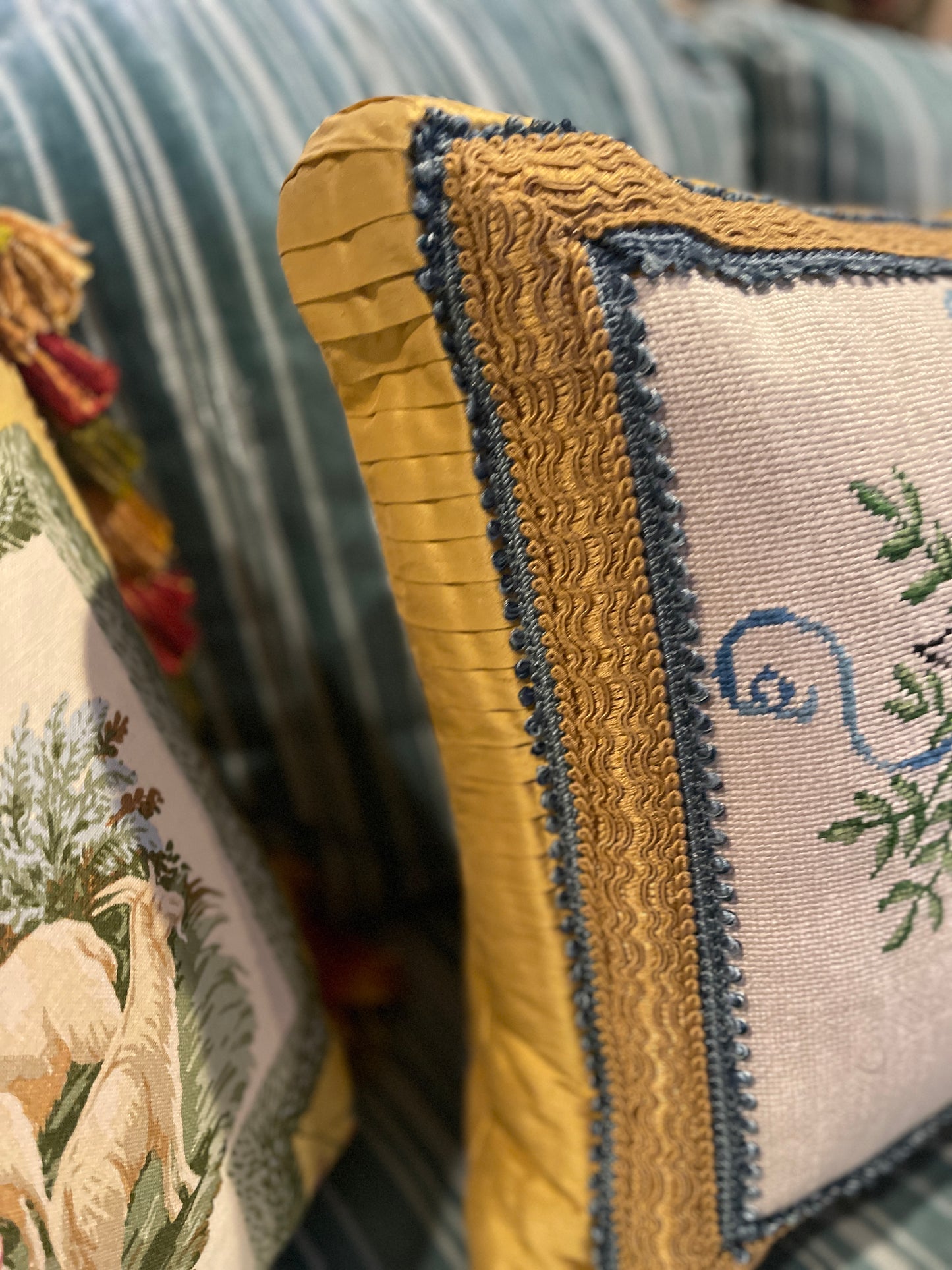 Vintage Musical Needlepoint Pillow with Blue Trim and Shantung Silk