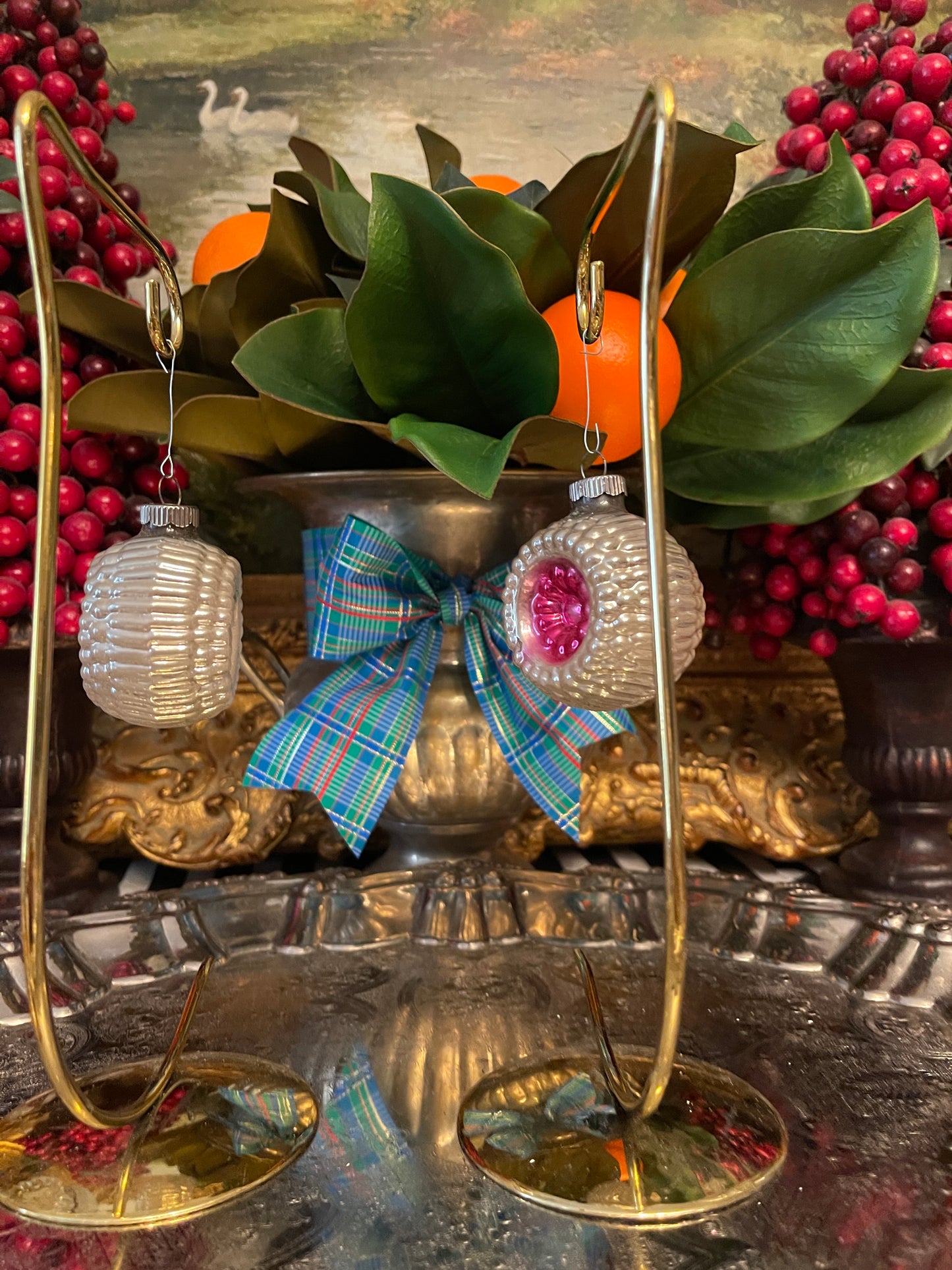 Vintage Shiny Brite Pair with Pink and Teal Centers