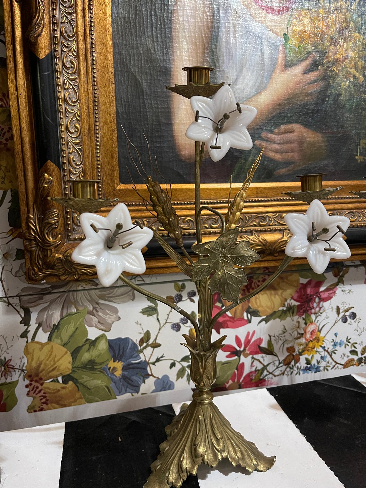 Pair of Antique French Brass Altar Candelabras with Milk Glass Lilies & Wheat Sheaves – Ecclesiastical Candle Holders