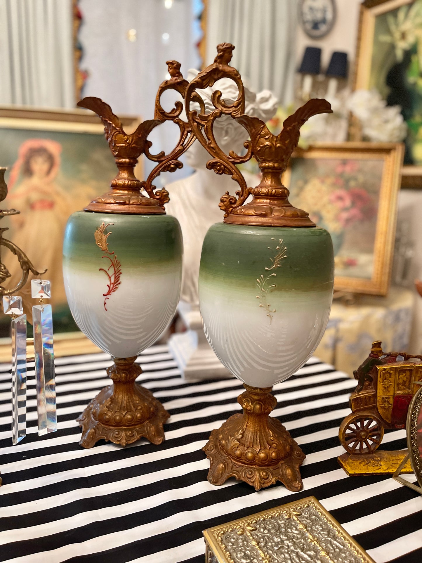 Antique Porcelain and Cast Metal Ewer Pitchers, Pair, Hand Painted