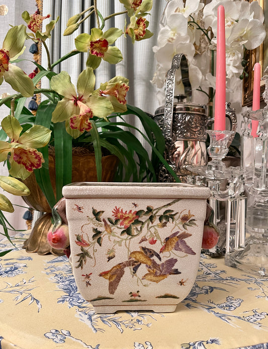 Vintage Chinoiserie Bird Footed Cachepot Planter with Applied Fruit Handles