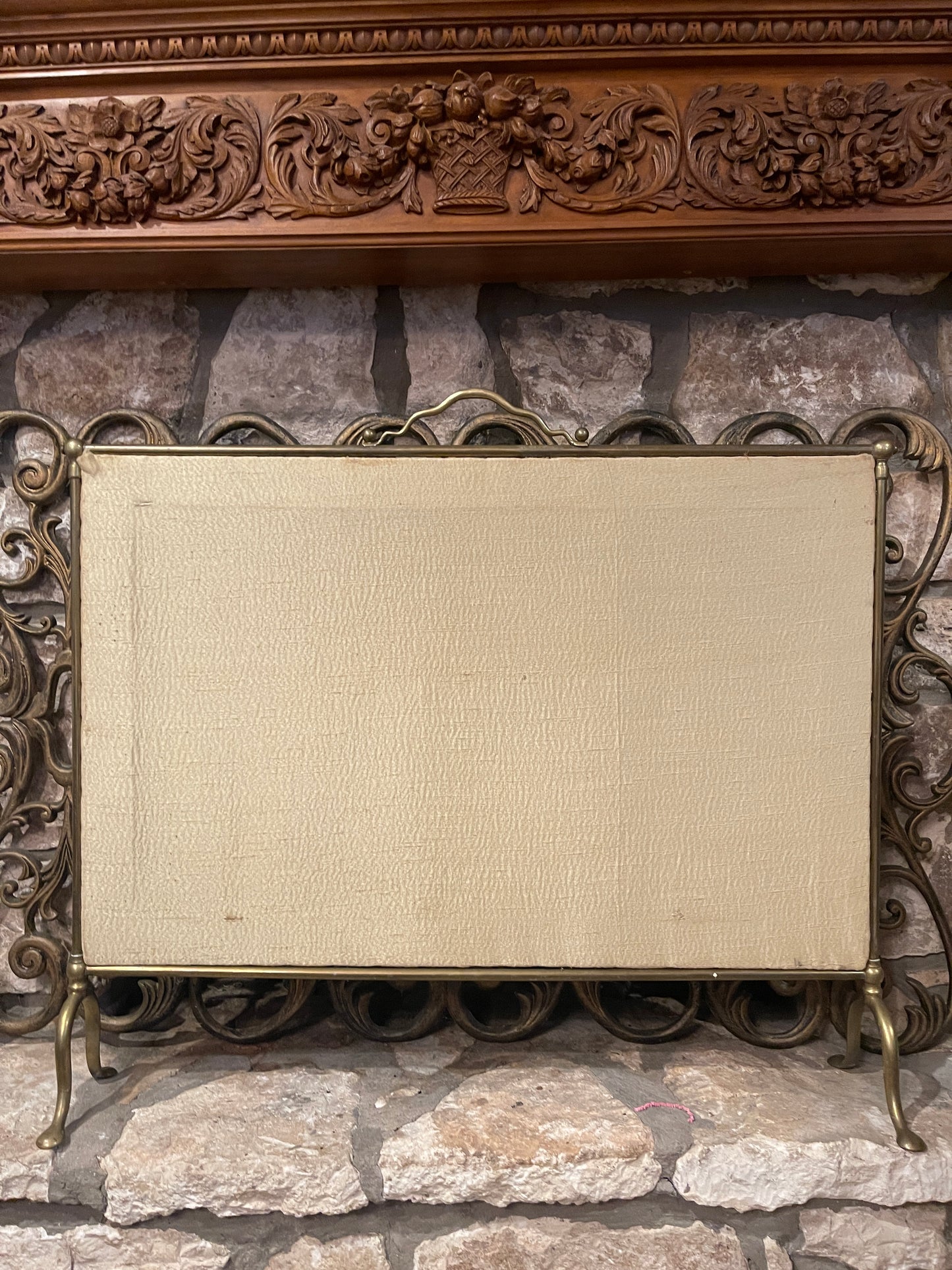 Antique Victorian Hand-Painted Fireplace Screen on Fabric with Brass Frame | Romantic 19th-Century Art Panel | Found in Round Top