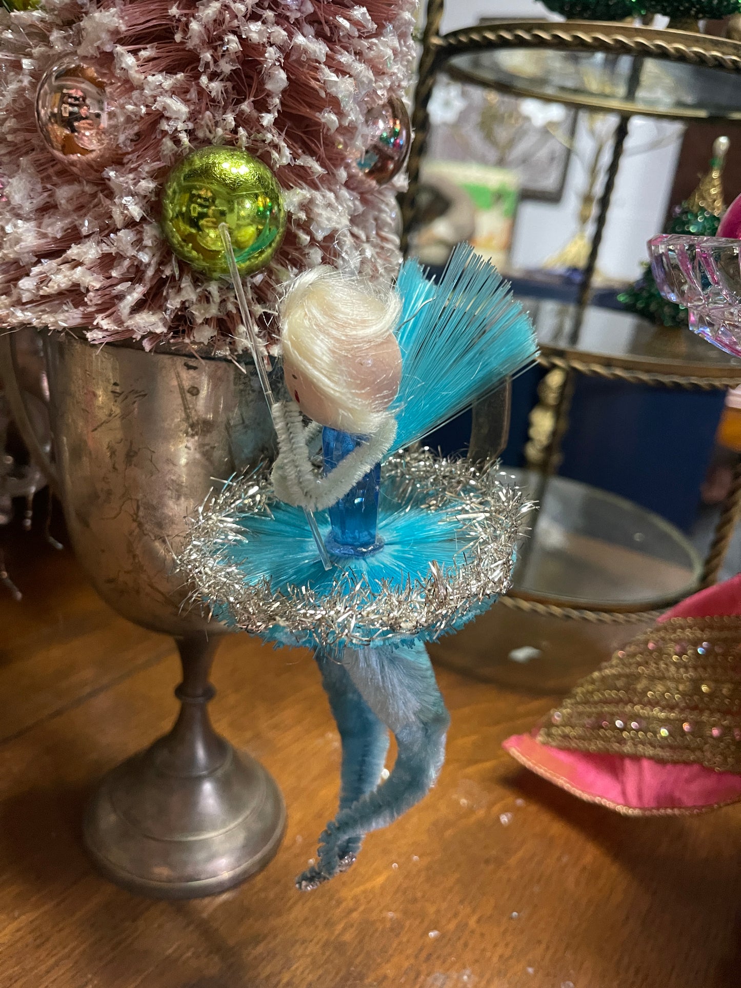 Vintage Handmade Angel Ballerina Ornament – Turquoise Tutu, Tinsel Trim & Shimmering Wings