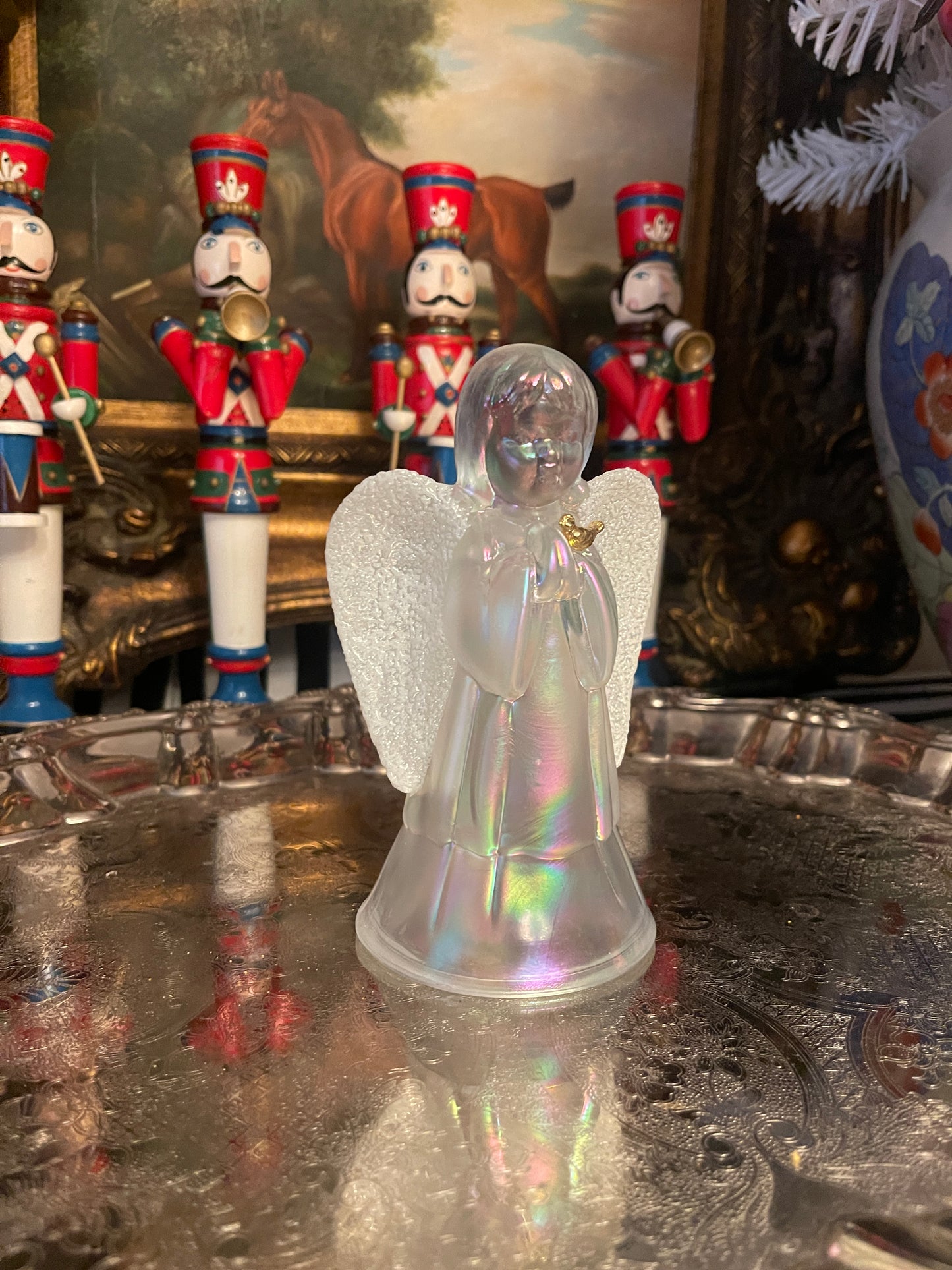 Iridescent White Fenton Angel with Frosted Textured Wings and Gold Bird, Vintage