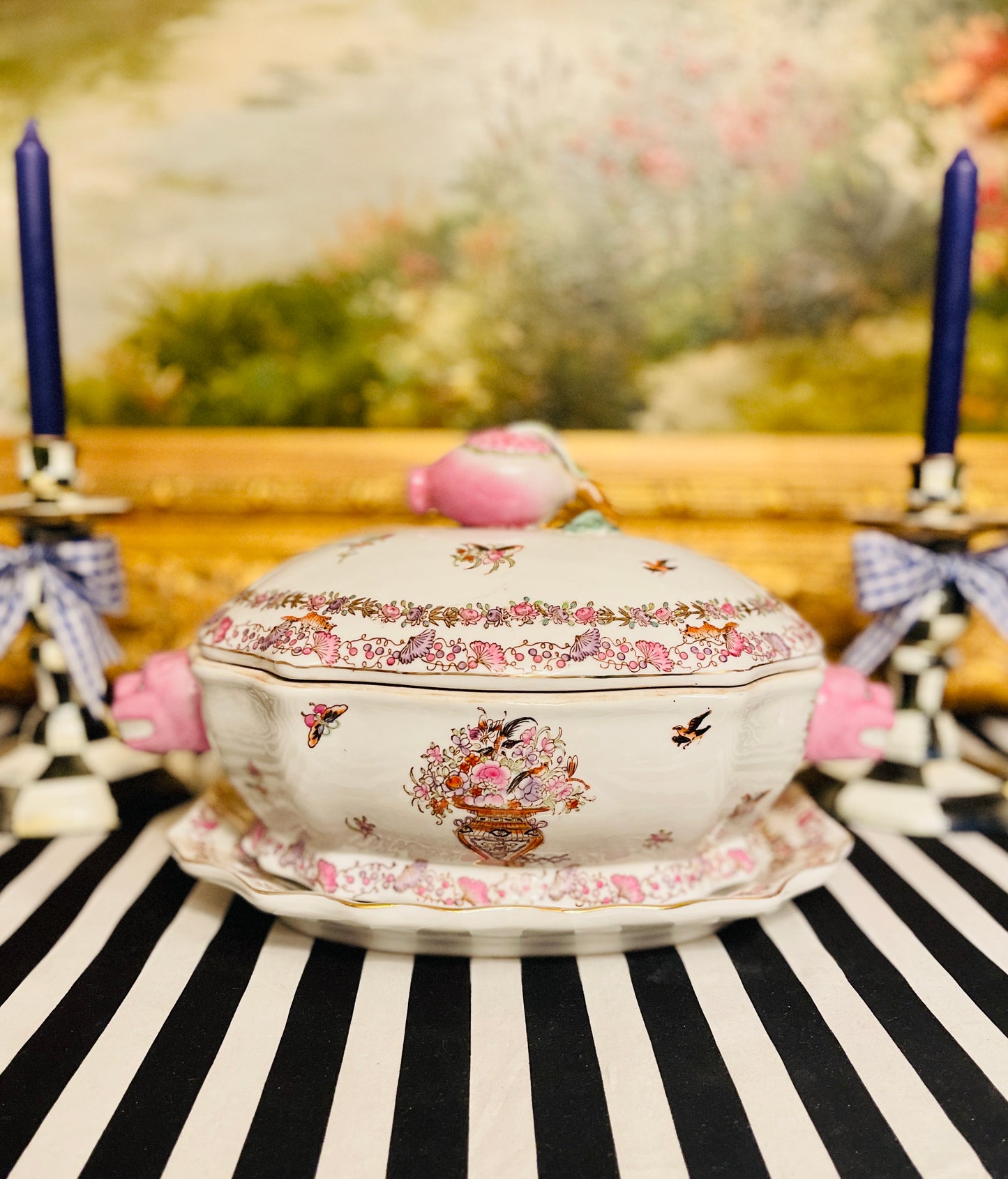 Vintage Chinoiserie Hua Ping Tang Zhi Lidded Tureen with Underplate, Pink Foo Handles, Fruit Ginial