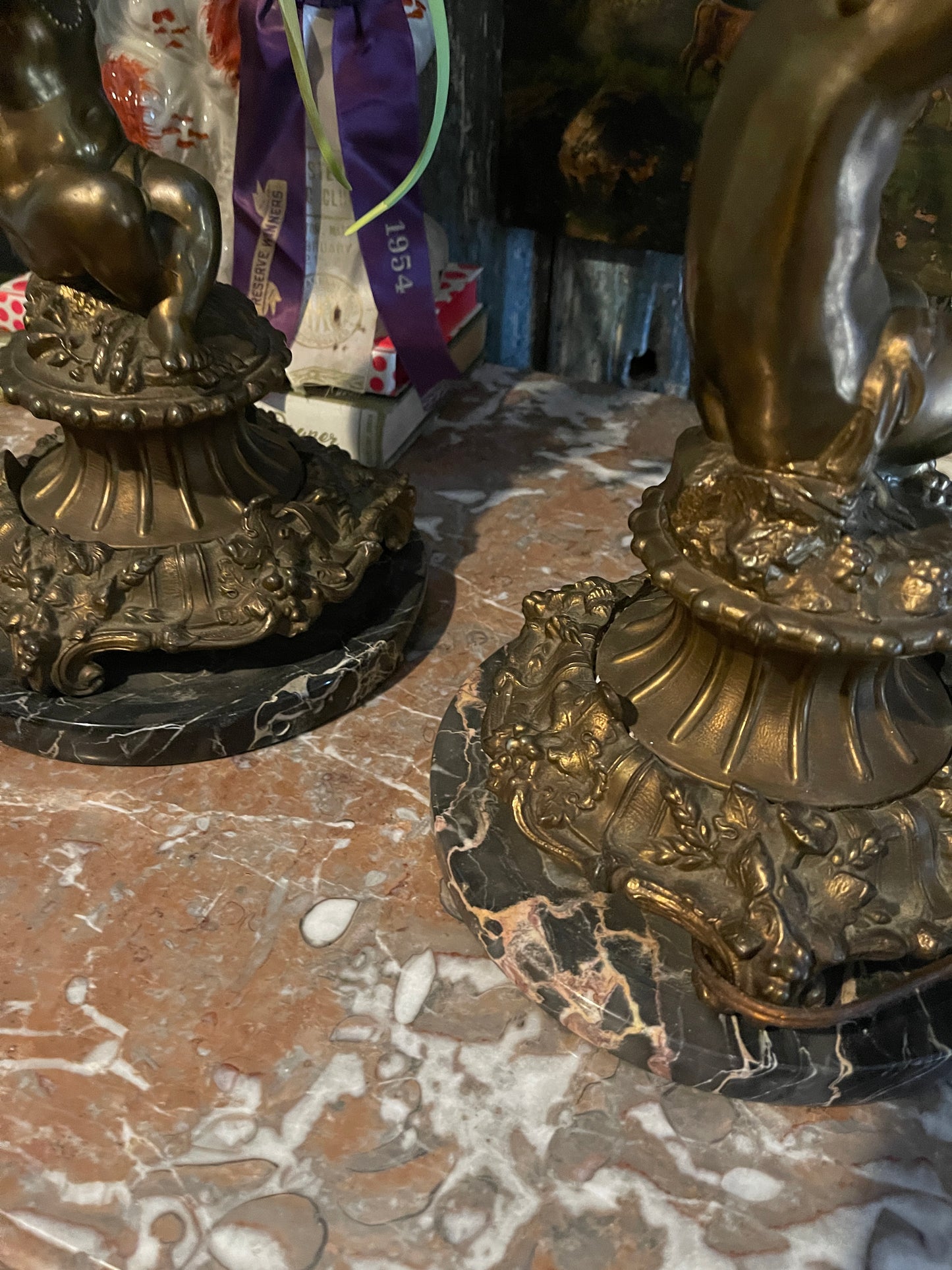 Pair of Neoclassical Brass Ormolu & Marble Table Lamps with Putti Figural Details
