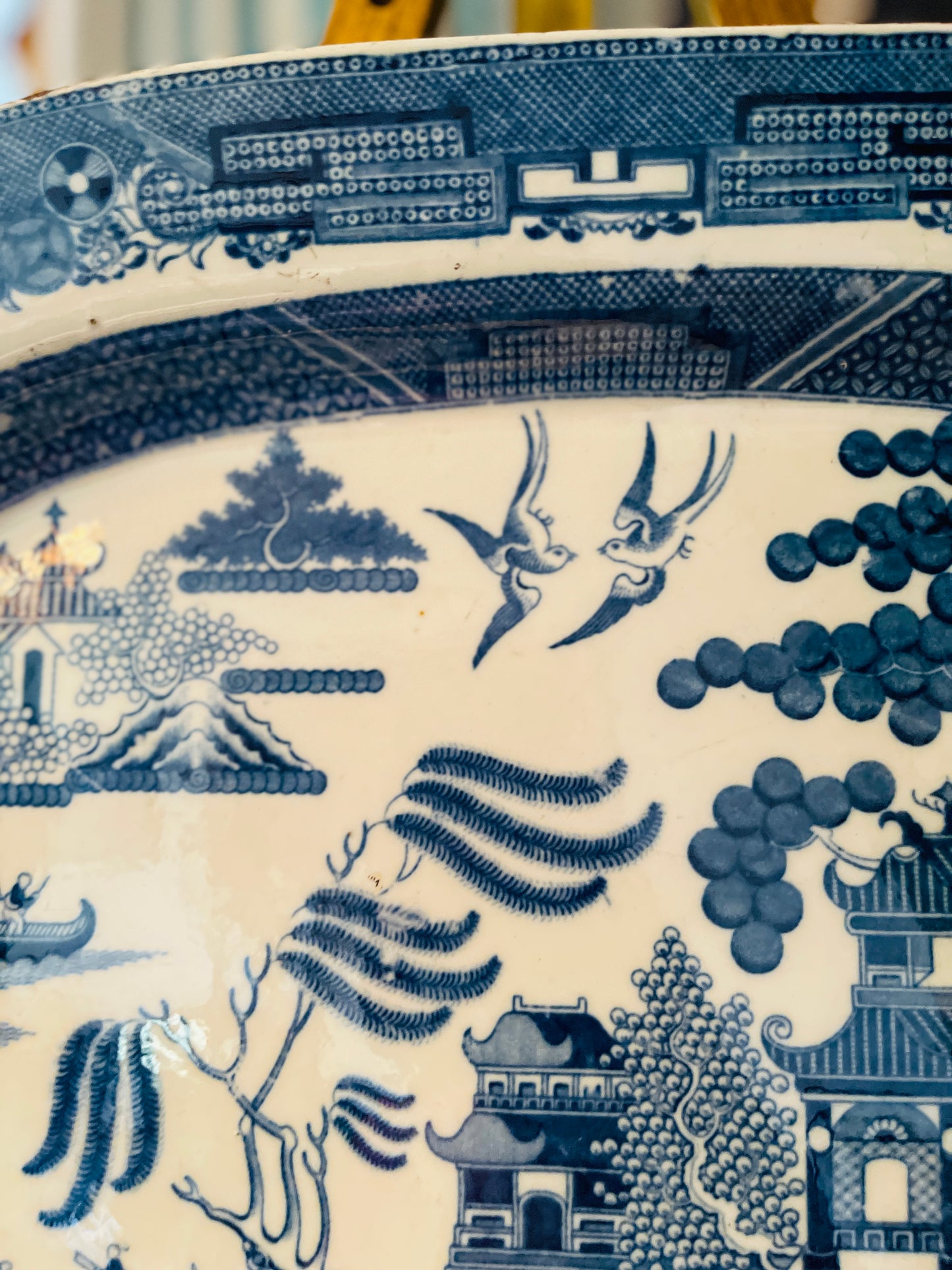 Antique English Blue Willow Platter – 20” Deep Cobalt Transferware Dish | Vintage Octagonal Serving Plate | Willow Pattern China