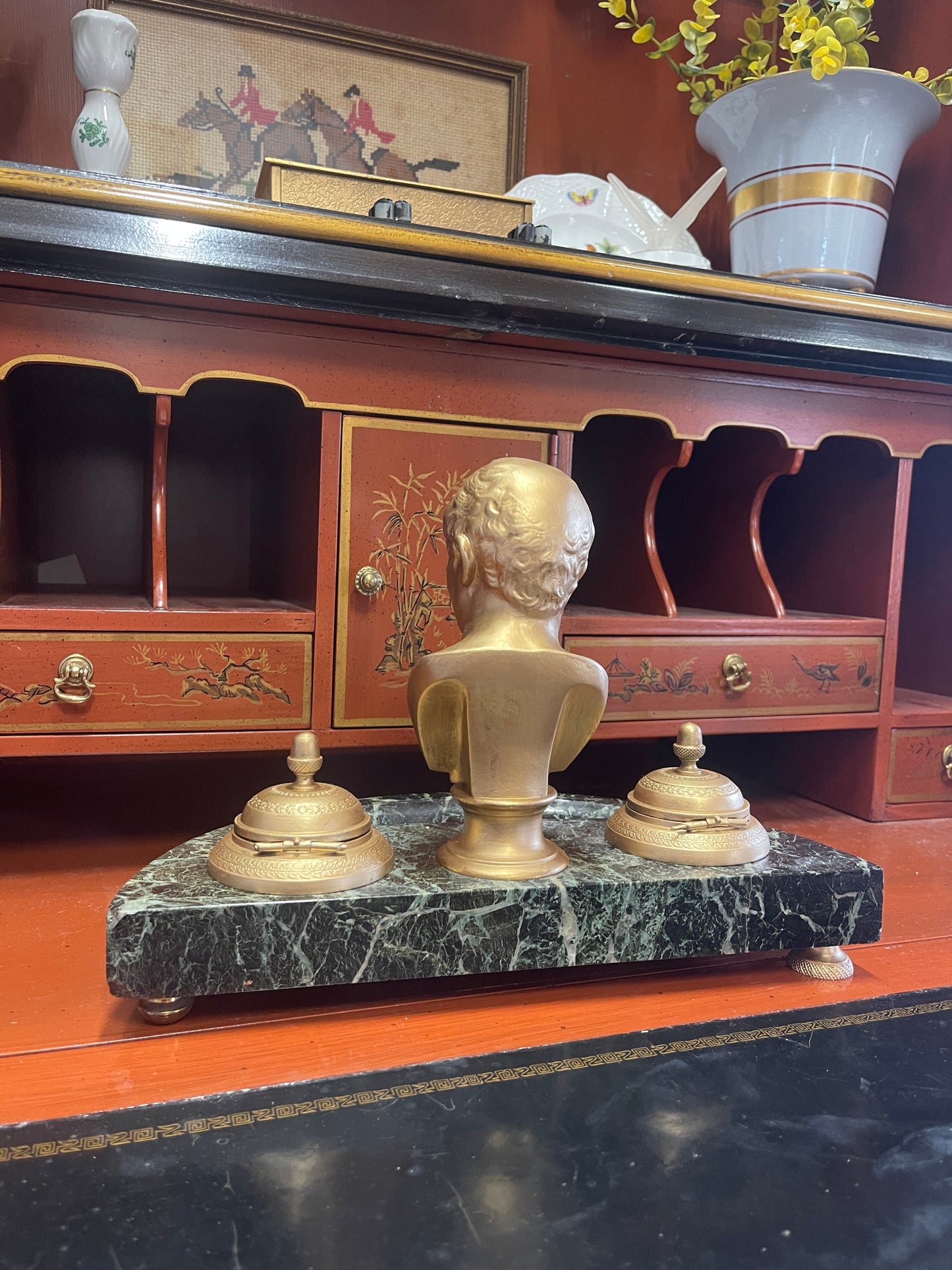 Antique Marble and Cast Metal Ink Well with Figural Emporer Napoleon Bonaparte Bust, FANTASTIC!
