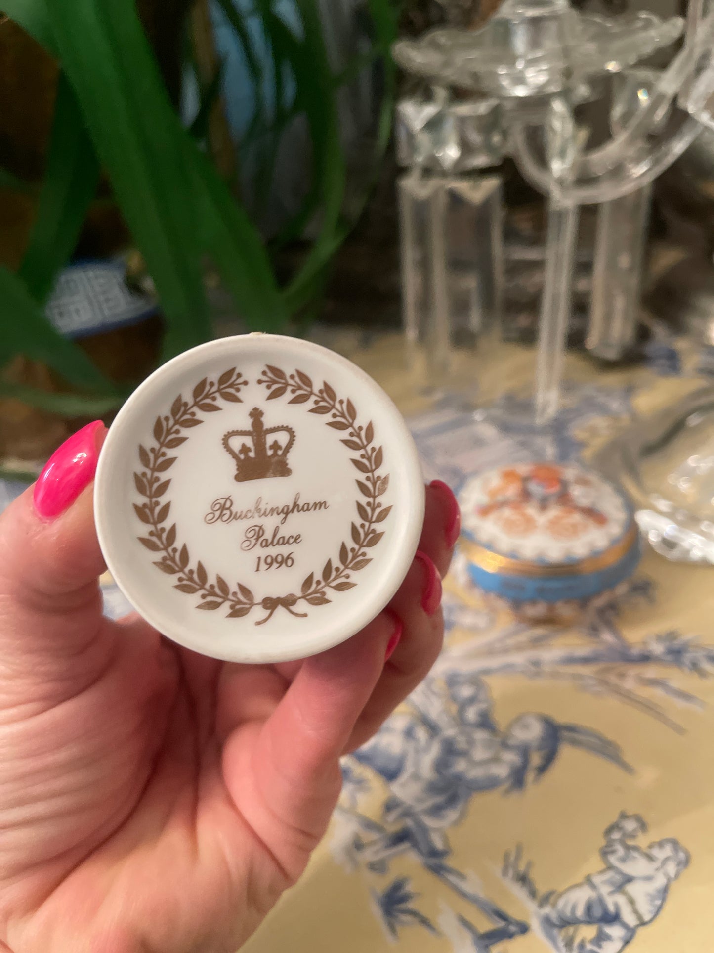 Vintage Buckingham Palace Porcelain Trinket Dish, Blue on White with Gold 1996