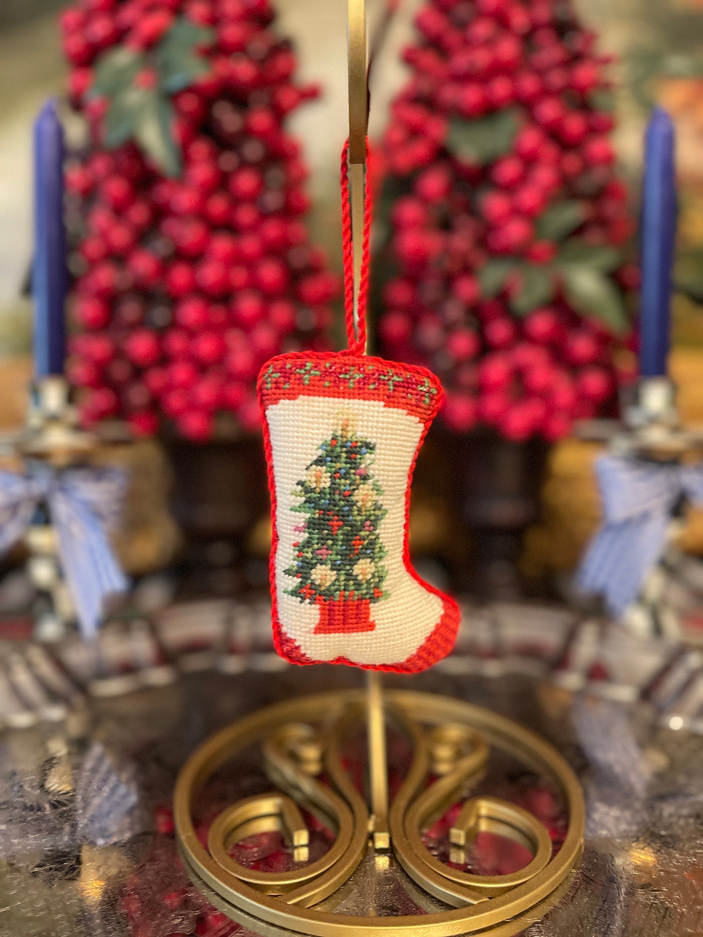 Vintage Needlepoint Stocking Ornament with a Decorated Christmas Tree