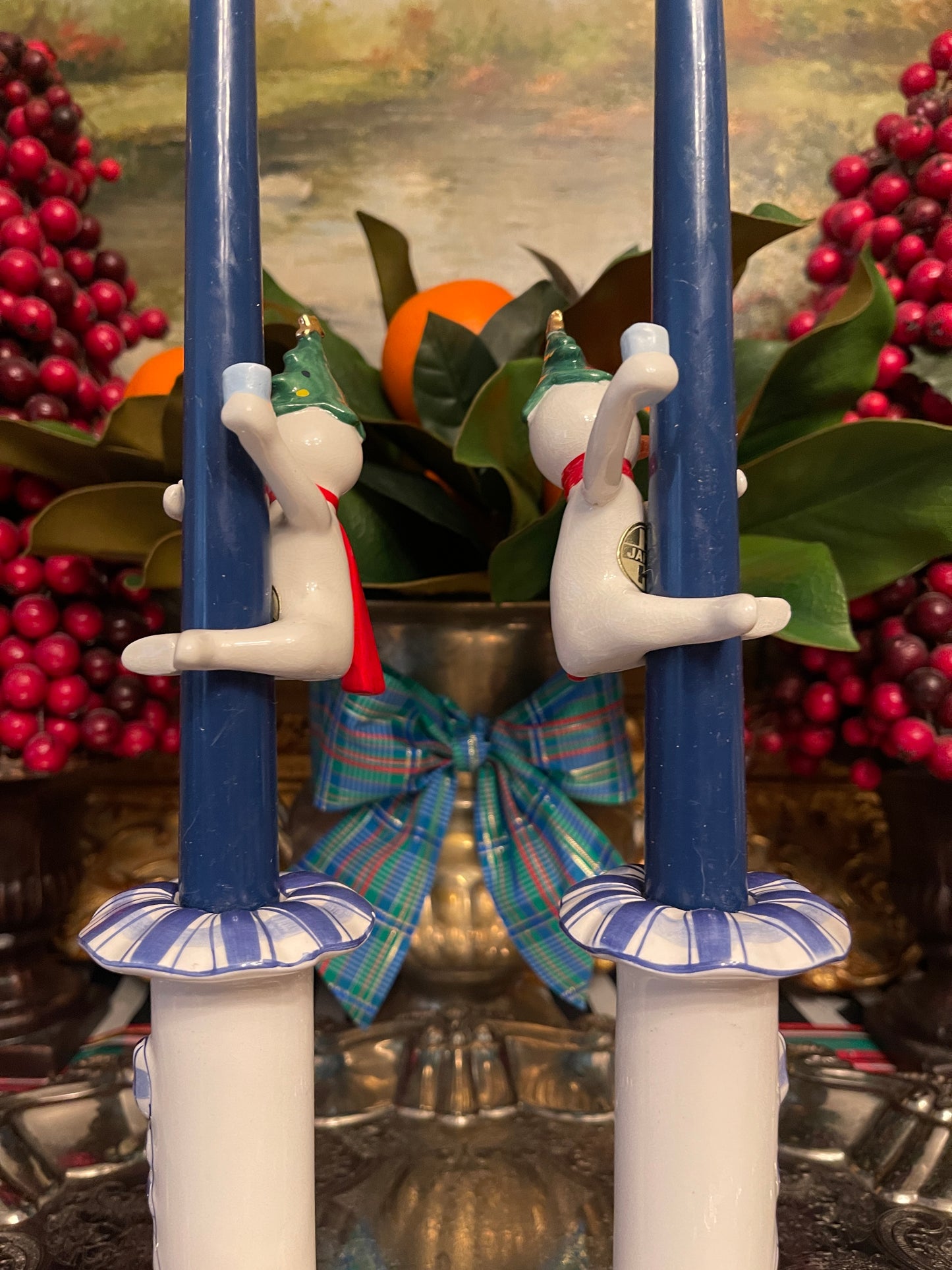 Mid Century 1958 Holt Howard Snowman Candle Hugger Pair, Made in Japan Hand Painted Porcelain, Holiday Estate Decor