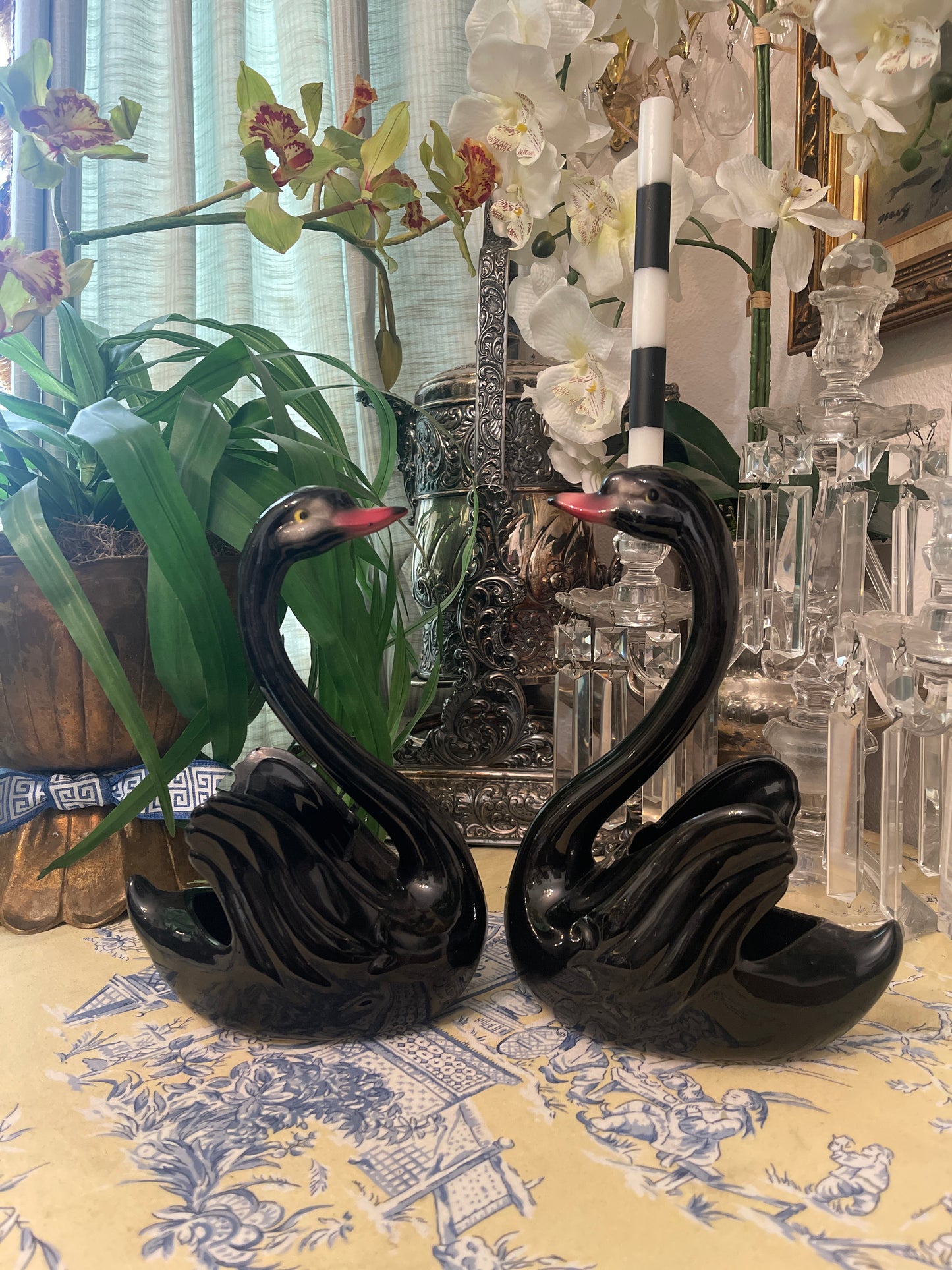 Black Swan Cache Pot Planter Pair, Mid 20th Century, Maddox Pottery