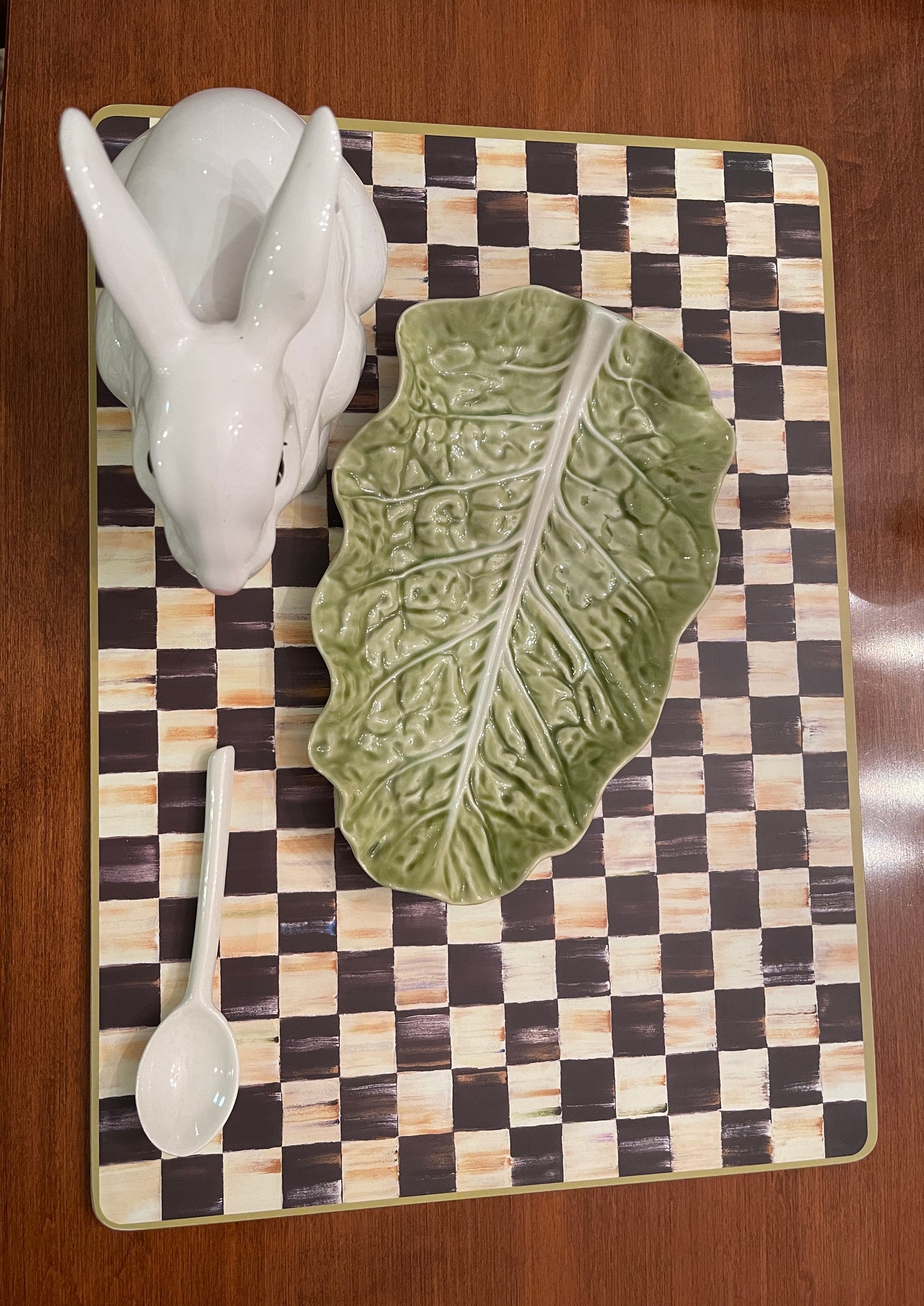 Vintage Bordallo Pinheiro Rabbit Saucier Dish on Cabbage Leaf Under Plate with Ladle