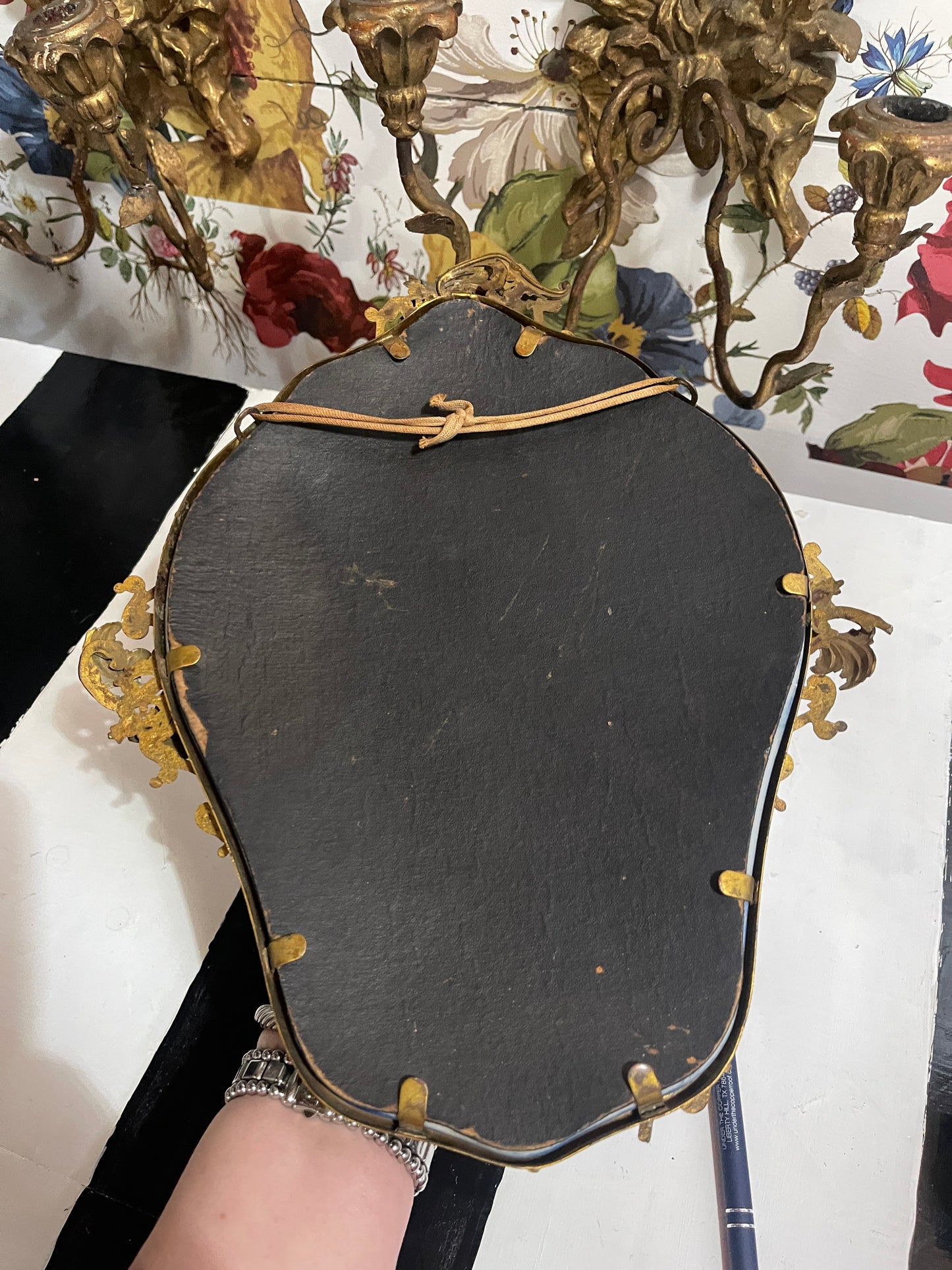 Antique Wave Crest Porcelain Plaque, Pink Roses on Opaque White with Gold Rococo Scrolled Metal Border