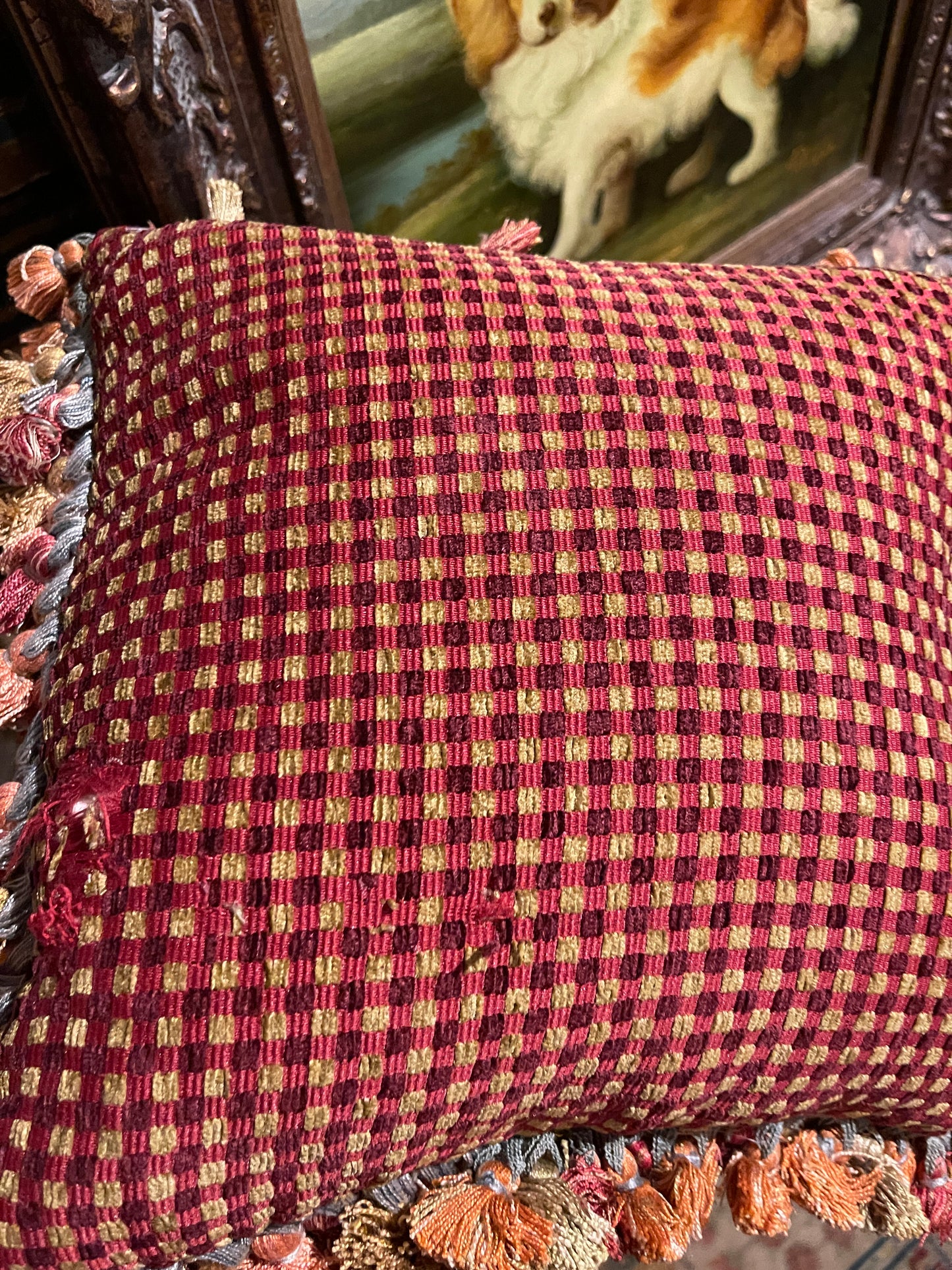 Vintage Needlepoint Whippet Pillow with Tassel Trim