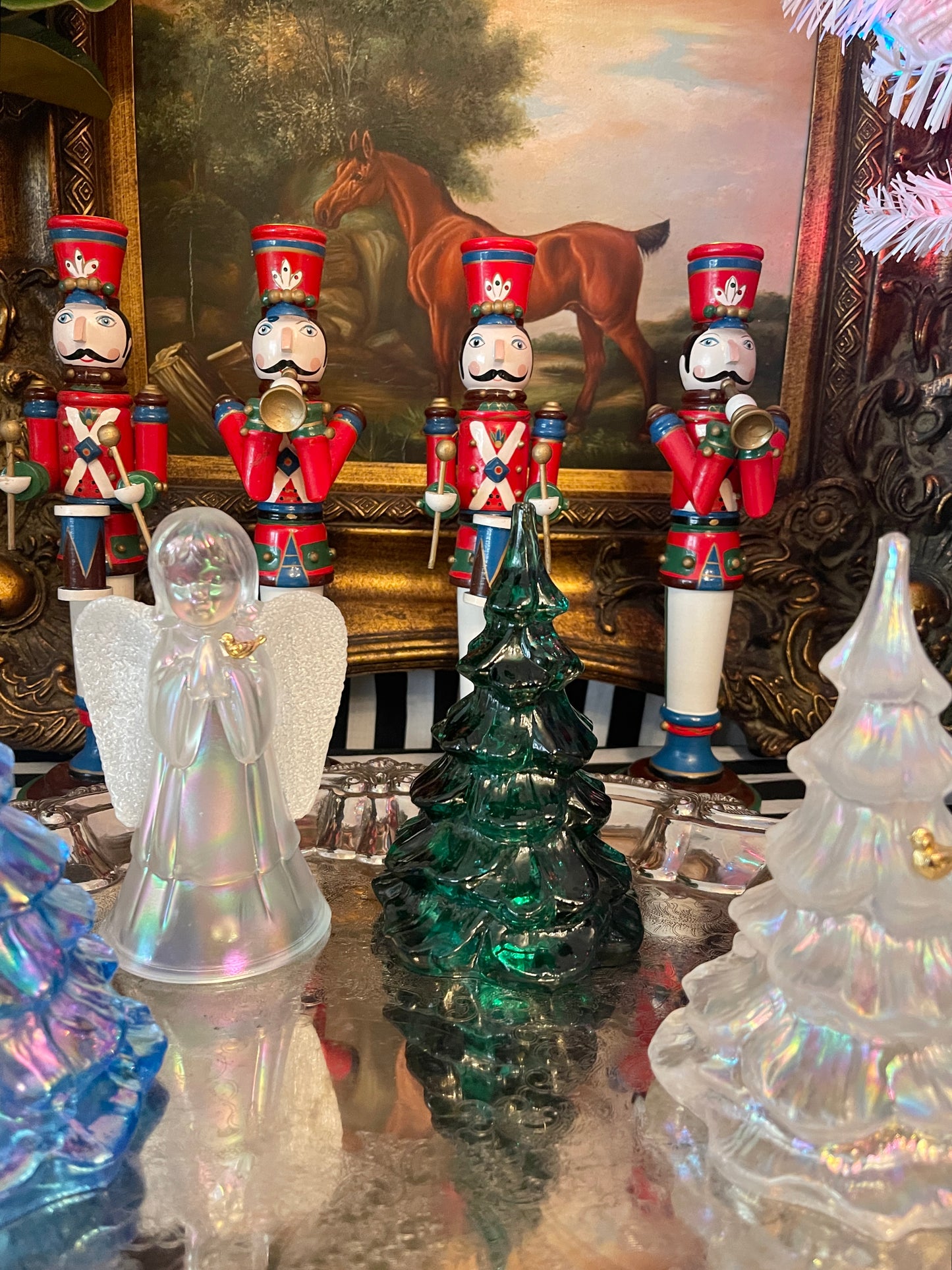 Iridescent White Fenton Angel with Frosted Textured Wings and Gold Bird, Vintage