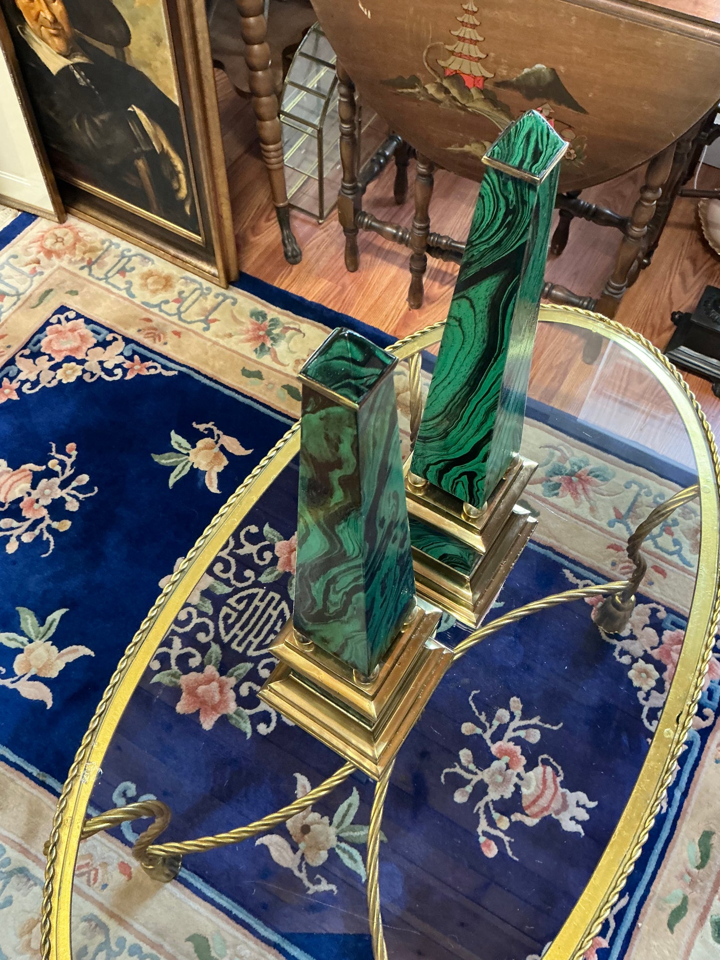 Vintage Faux Malachite and Brass Obelisks Pair