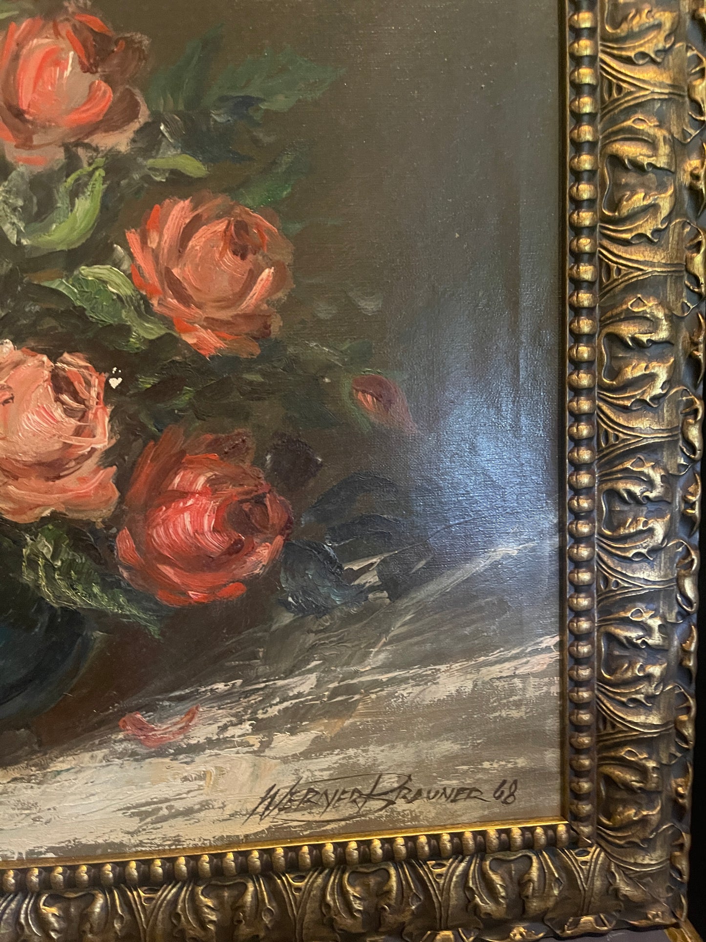 Vintage Floral Still Life, Vased Roses Oil Painting, Artist Signed and Dated