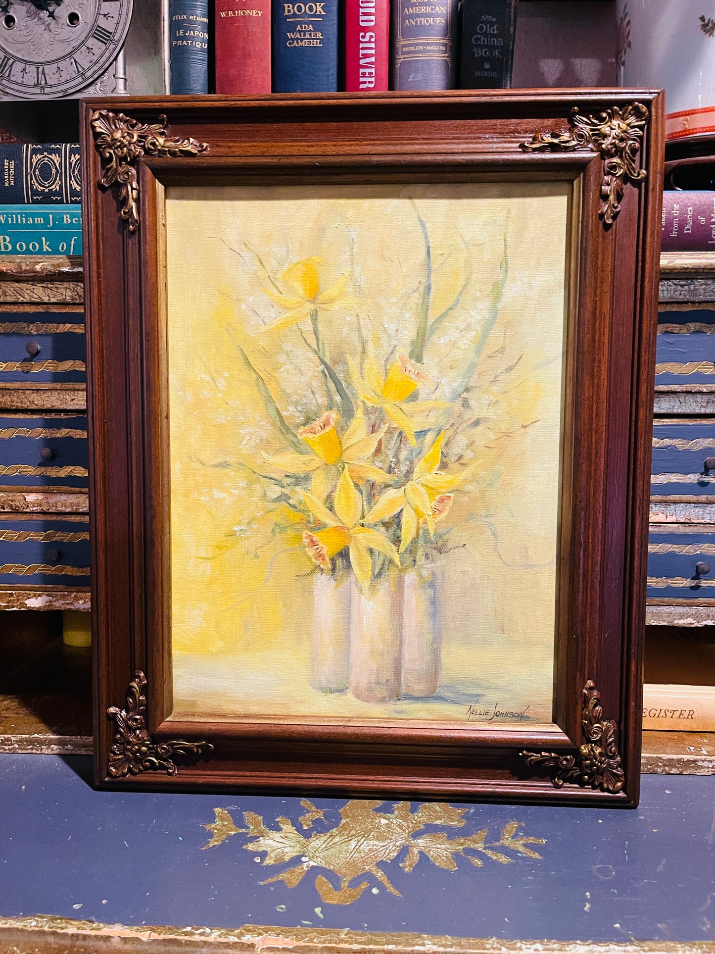 Vased Daffodils Original Painting, Acrylic on Board, Framed, Artist Signed