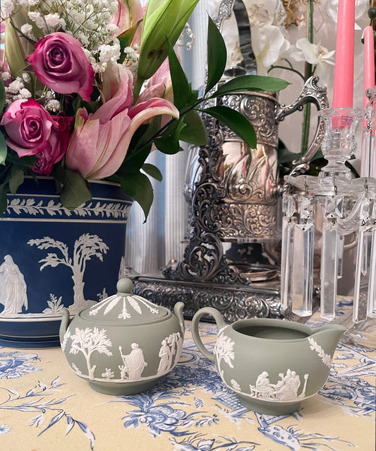 Wedgwood Cream and Lidded Sugar Bowl Set, Cream on Sage Jasperware, Vintage