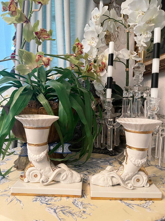 Pair of Italian Parcel Porcelain Rhyton Vases with Ram’s Head and Classical Motif, Gold Accents