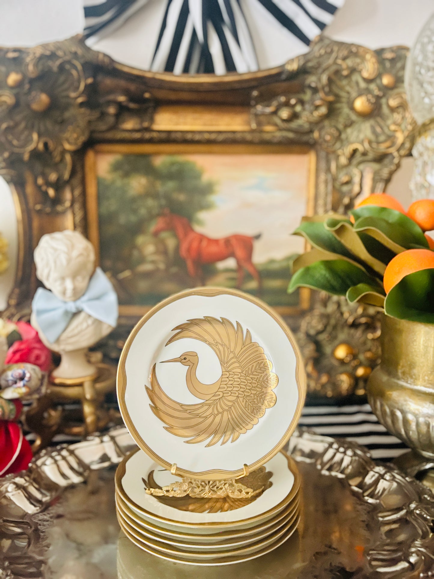 Golden Tsuru Fitz and Floyd Plates, Made in Japan, Golden Heron, Sold in Pairs 7.5”